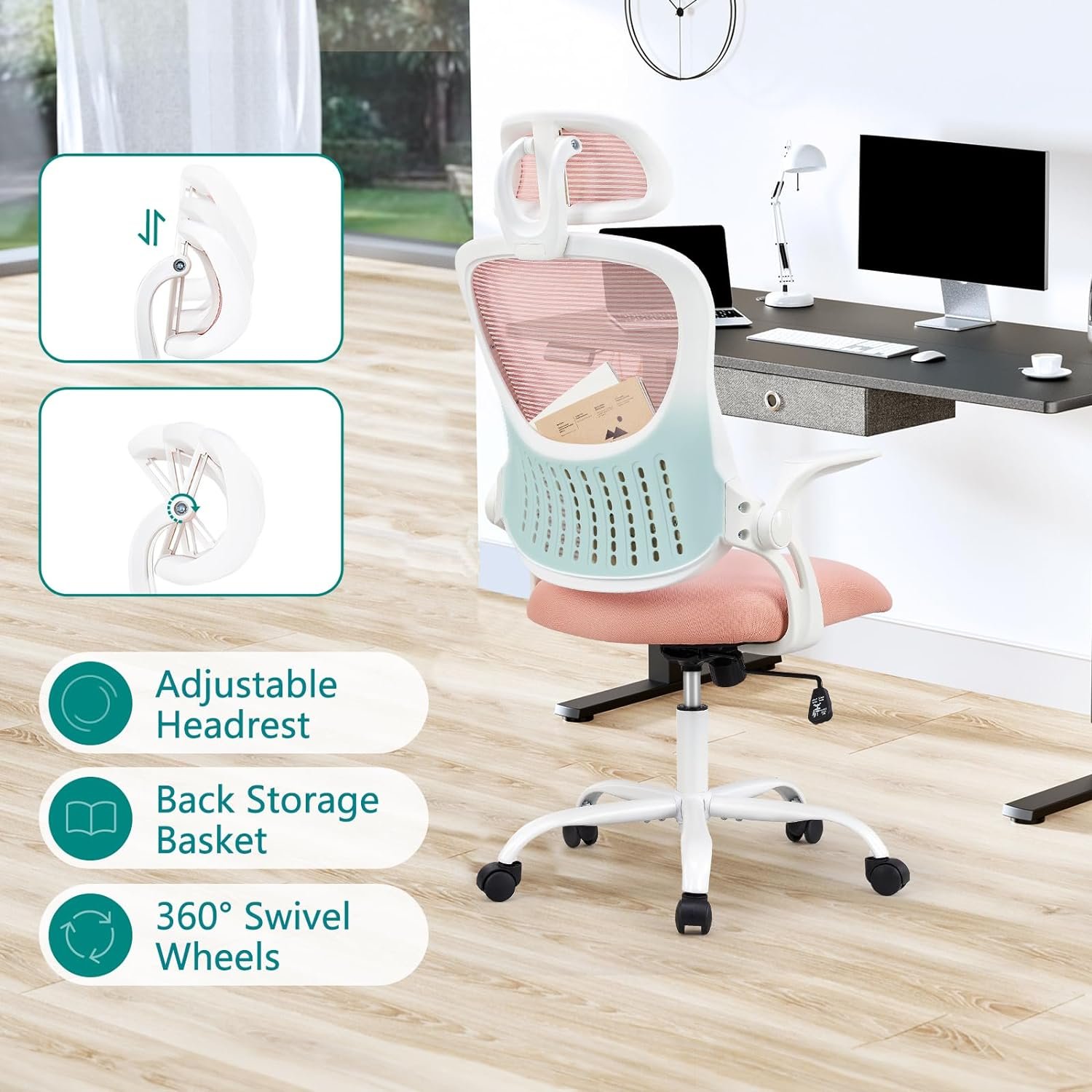 Office Desk Computer Chair, Ergonomic High Back Comfy Swivel Gaming Home Mesh Chairs with Wheels, Lumbar Support, Adjustable Headrest, Comfortable Pillow,Soft Arms,120°tilt for Bedroom,Study,Grey