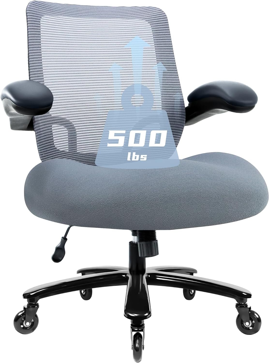 500lbs Big and Tall Office Chair - Heavy Duty Mesh Ergonomic Desk Chair, High Back Computer Chair - Flip-up Armrests, Wide Thick Seat Cushion, Quiet Wheels