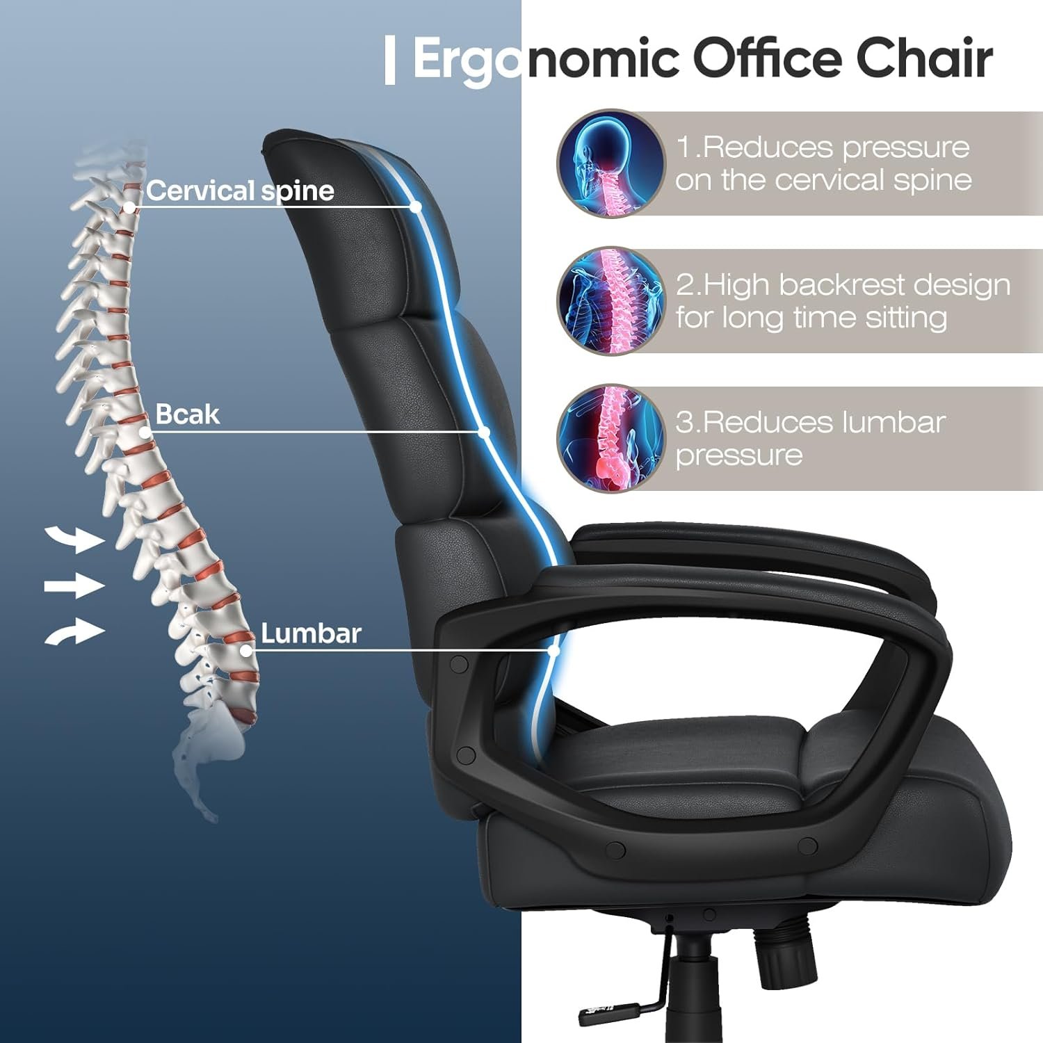 Ergonomic Executive Office Chair,Leather High Back Desk Chair, Tall Computer Chair with Armrest, Adjustable Height,Swivel Rolling Home Office Desk Chair with Wheels, Black
