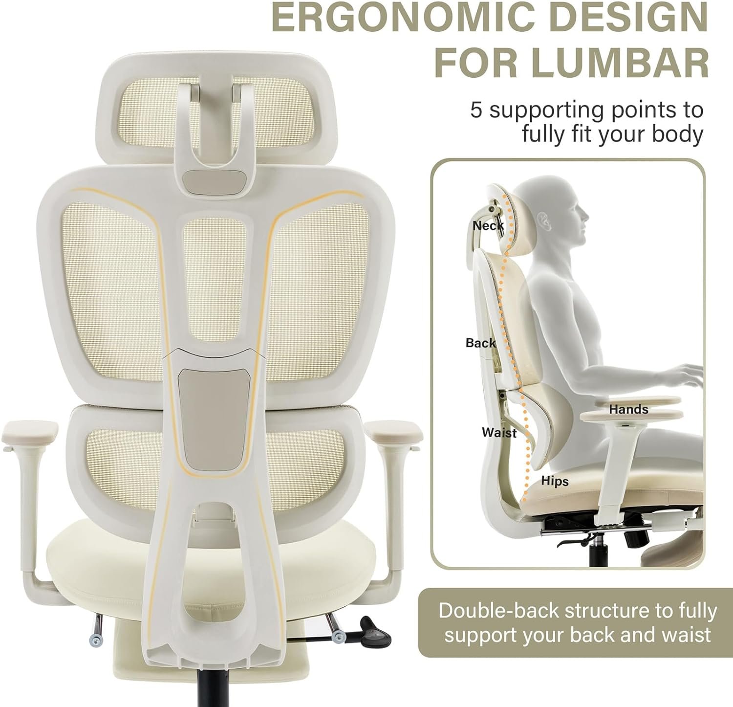Ergonomic Office Chair with Footrest, High Back Computer Office Chair with Dynamic Lumbar Support, 2D Headrest, 2D Armrest, Sponge Seat, Mesh Home Office Desk Chair for Adults, Cream