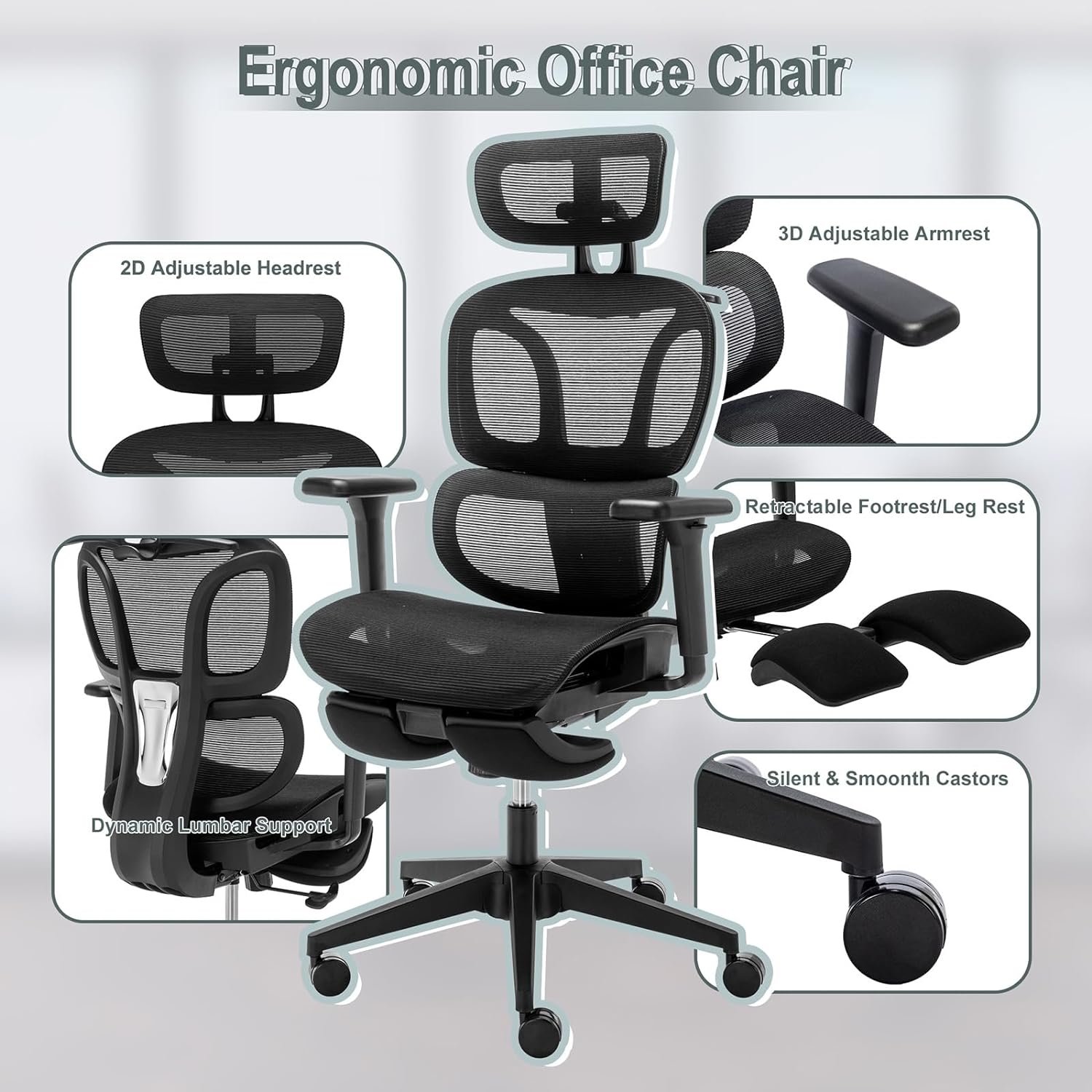Ergonomic Office Chair with Footrest, High Back Computer Office Chair with Dynamic Lumbar Support, 2D Headrest, 2D Armrest, Sponge Seat, Mesh Home Office Desk Chair for Adults, Cream