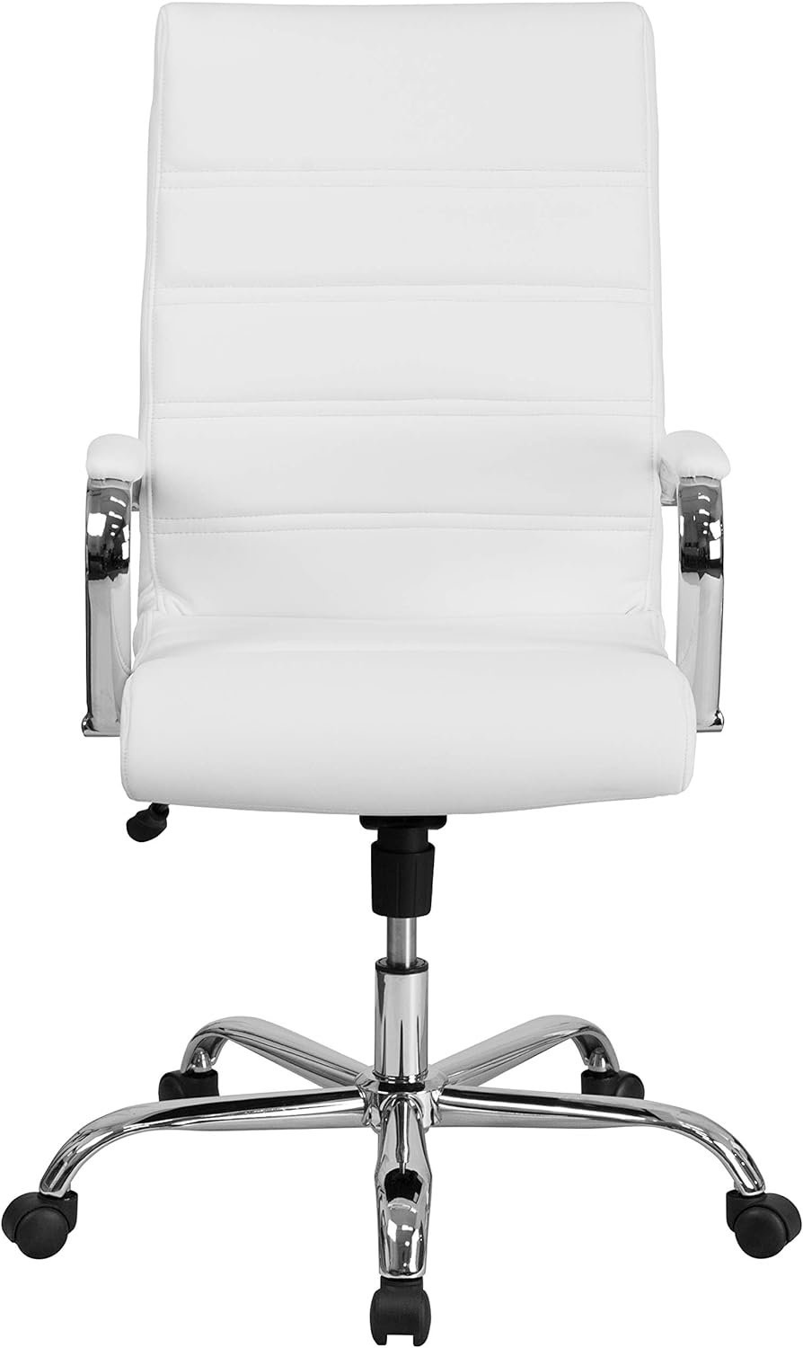Flash Furniture Whitney High-Back Swivel LeatherSoft Desk Chair with Padded Seat and Armrests, Adjustable Height Padded Office Chair, White/Chrome