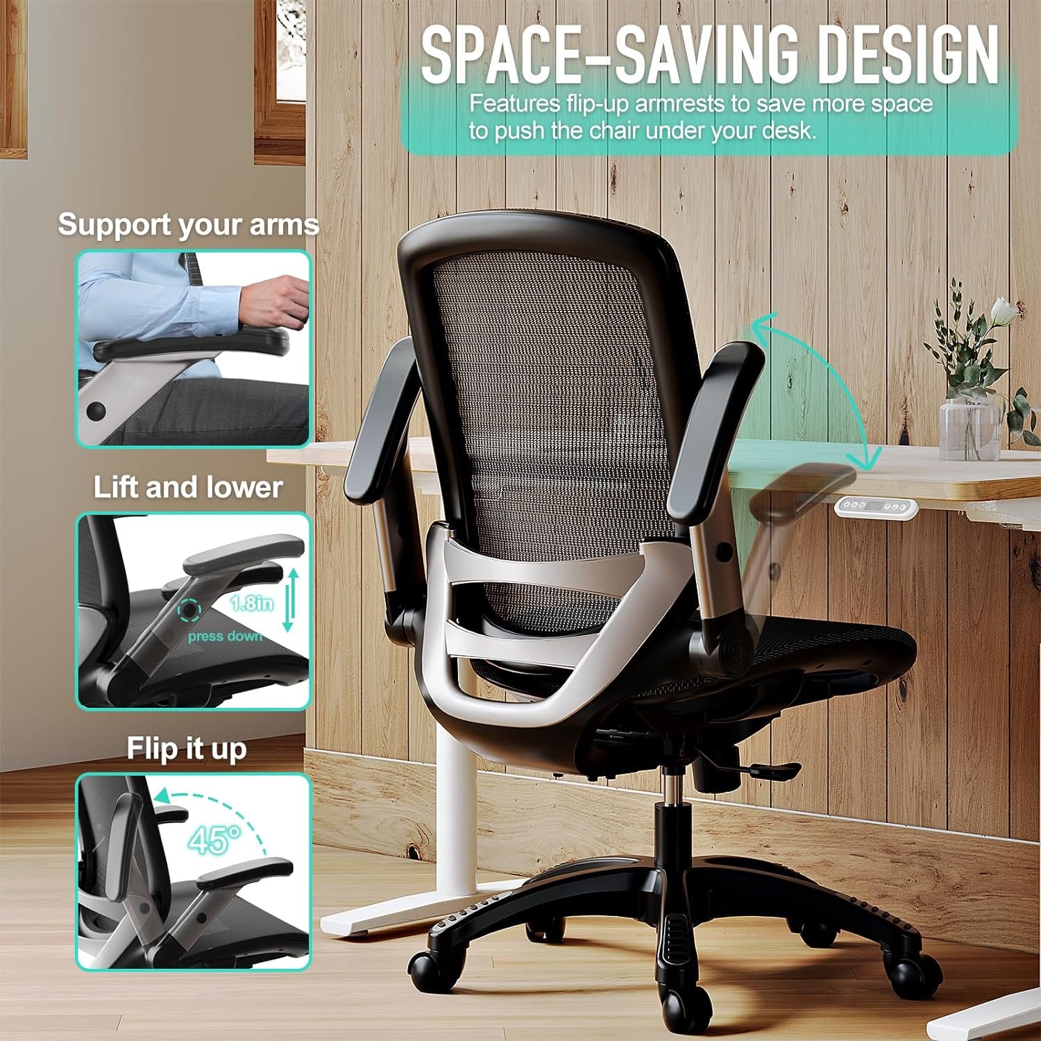GABRYLLY Ergonomic Office Chair, Mesh Desk Chair - Lumbar Support and Adjustable Flip-up Arms, Soft Wide Seat, 90-120° Tilt, High Back Home Ergonomic Chairs Swivel Task Chair, Easy Assemble