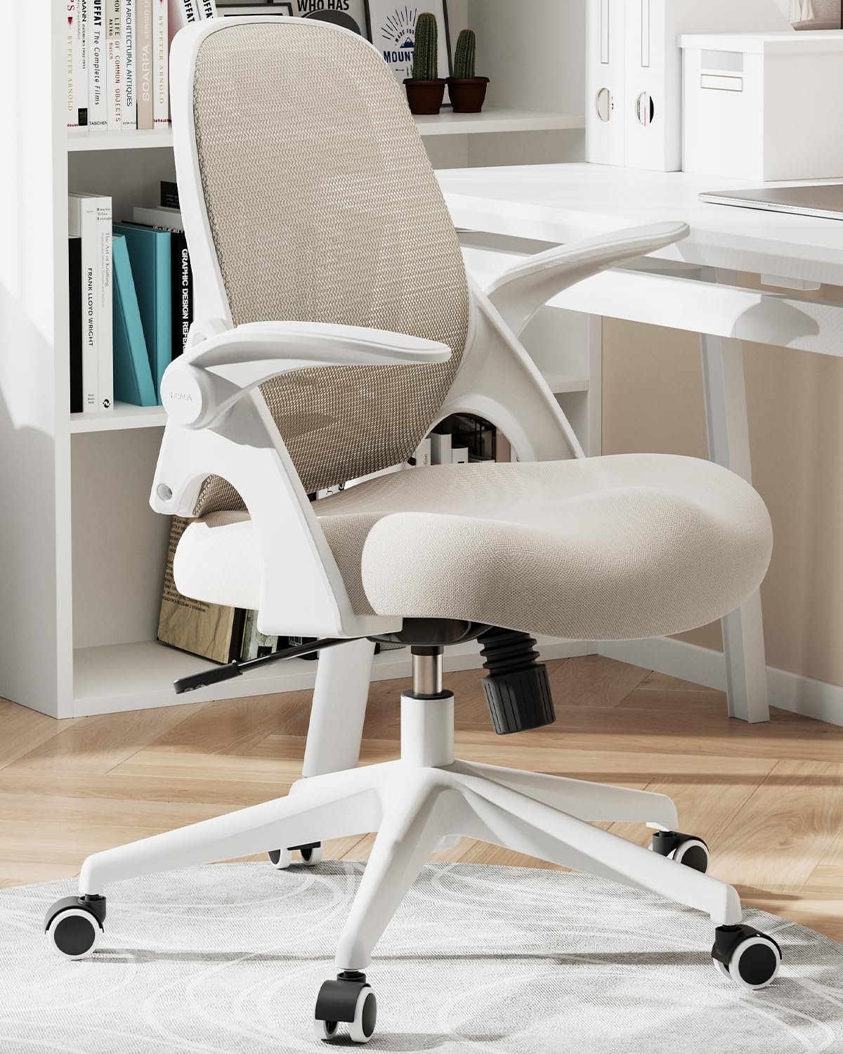 Hbada Office Chair, Desk Chair with Flip-Up Armrests and Saddle Cushion, Ergonomic Office Chair with S-Shaped Backrest, Swivel, Mesh, for Home and Office, Beige