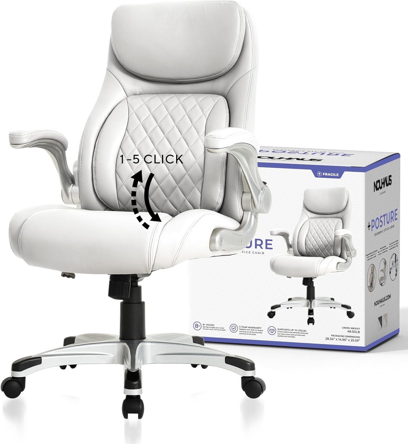 Nouhaus +Posture Ergonomic PU Leather Office Chair. Click5 Lumbar Support with FlipAdjust Armrests. Modern Executive Chair and Computer Desk Chair (White)