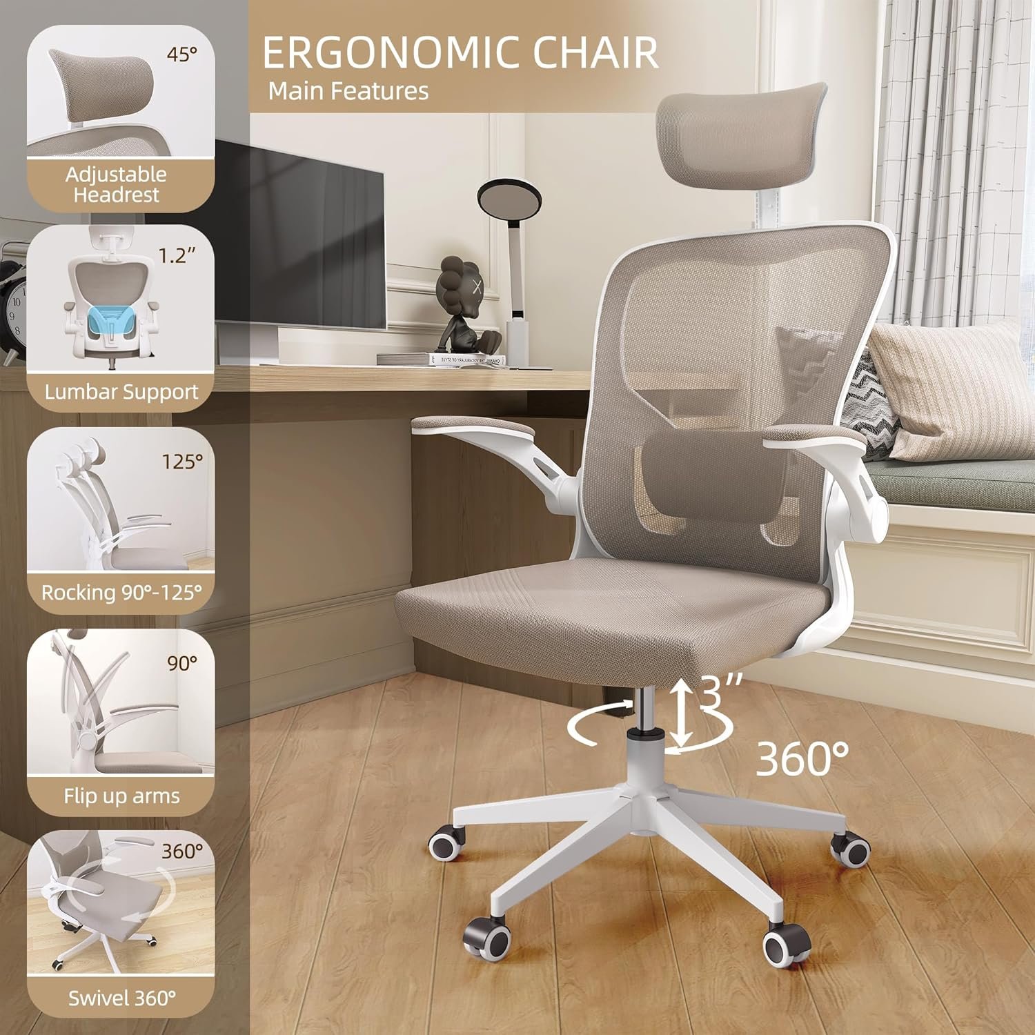 Office Chairs, Ergonomic Office Chair, Computer Chair with Adjustable Headrest, Lumbar Support, 2D Armrest, Metal Base and Iron Legs, Beige Mesh Office Chair