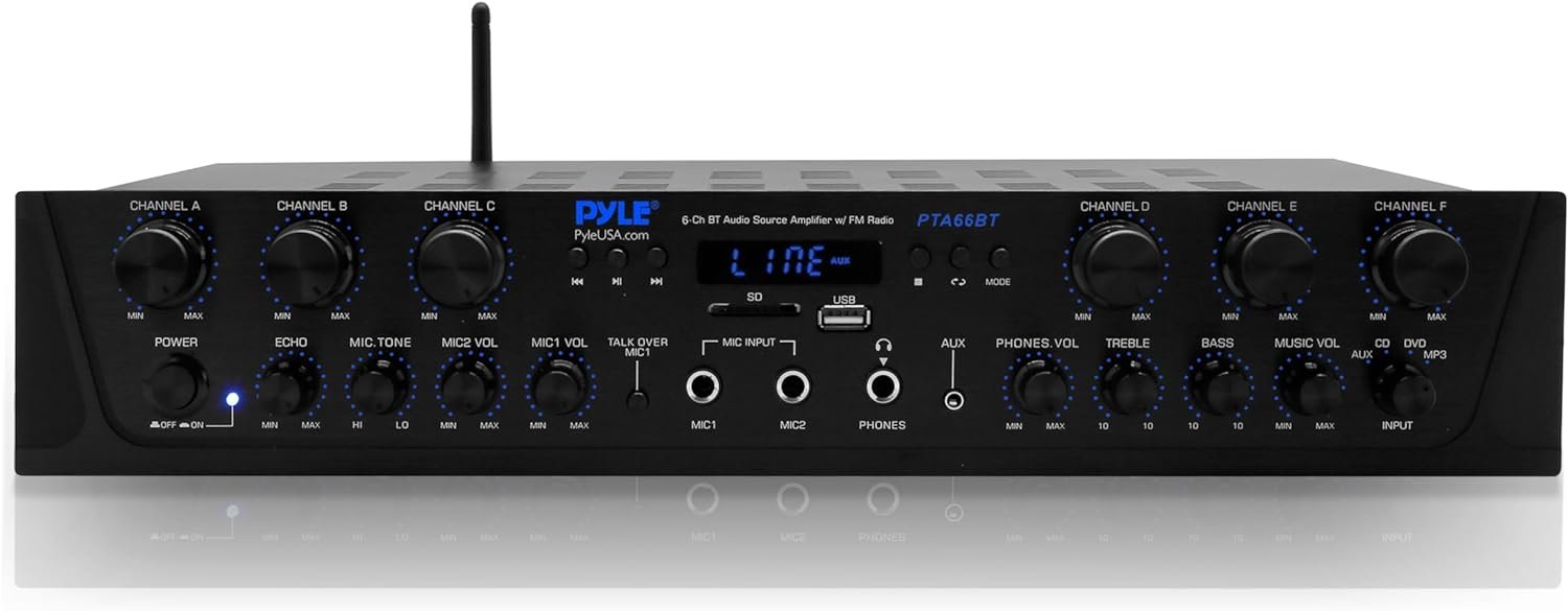 Pyle Wireless Home Audio Amplifier System - Bluetooth Compatible Sound Stereo Receiver Amp - 6 Channel 600 Watt Power, Digital LCD, Headphone Jack, 1/4 Microphone IN USB SD AUX RCA FM Radio