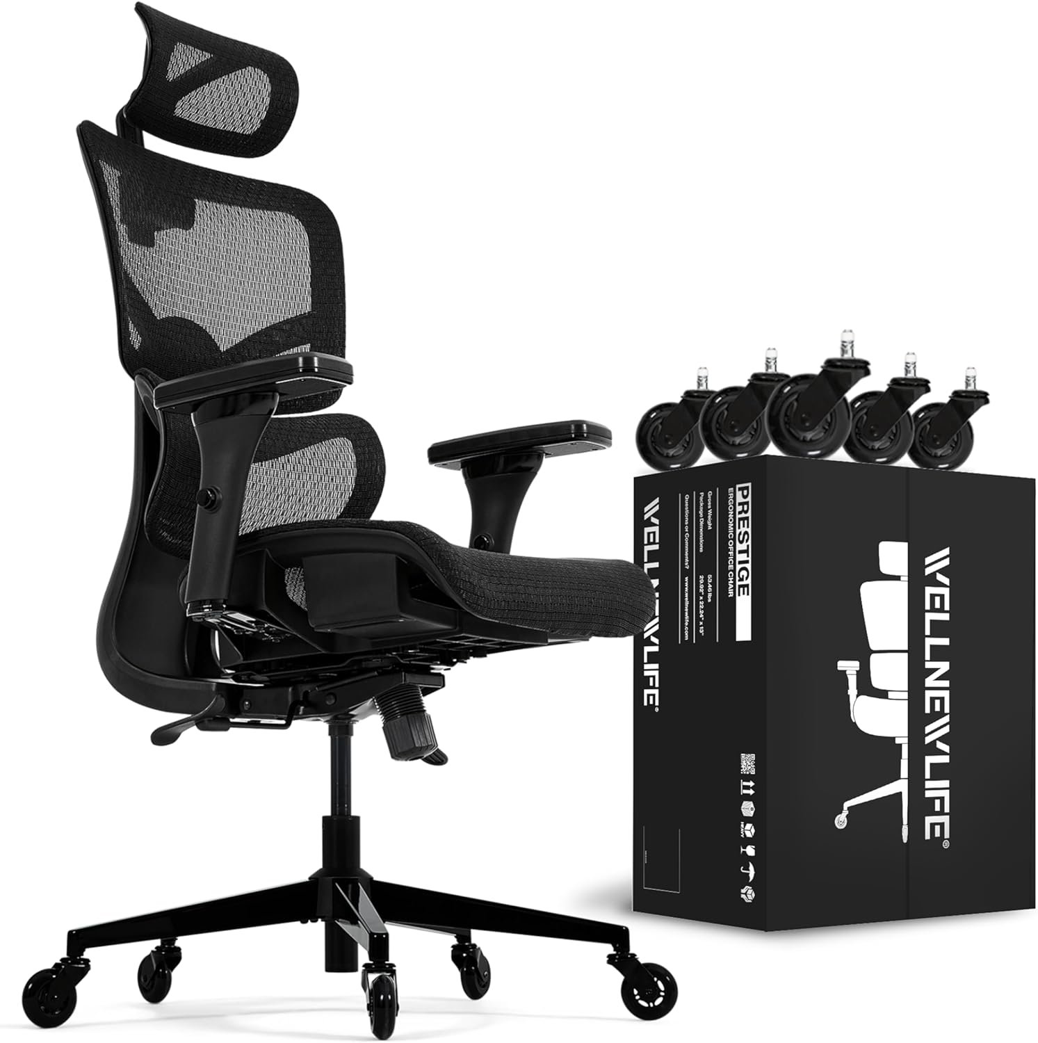 WELLNEW Prestige Ergonomic Office Chair - Height Adjustable Backrest Lumbar Support, Seat Depth Adjust, 3D Headrest, 4D Armrests, Blade Wheels, Mesh Computer Gaming Chairs Executive Swivel Chair