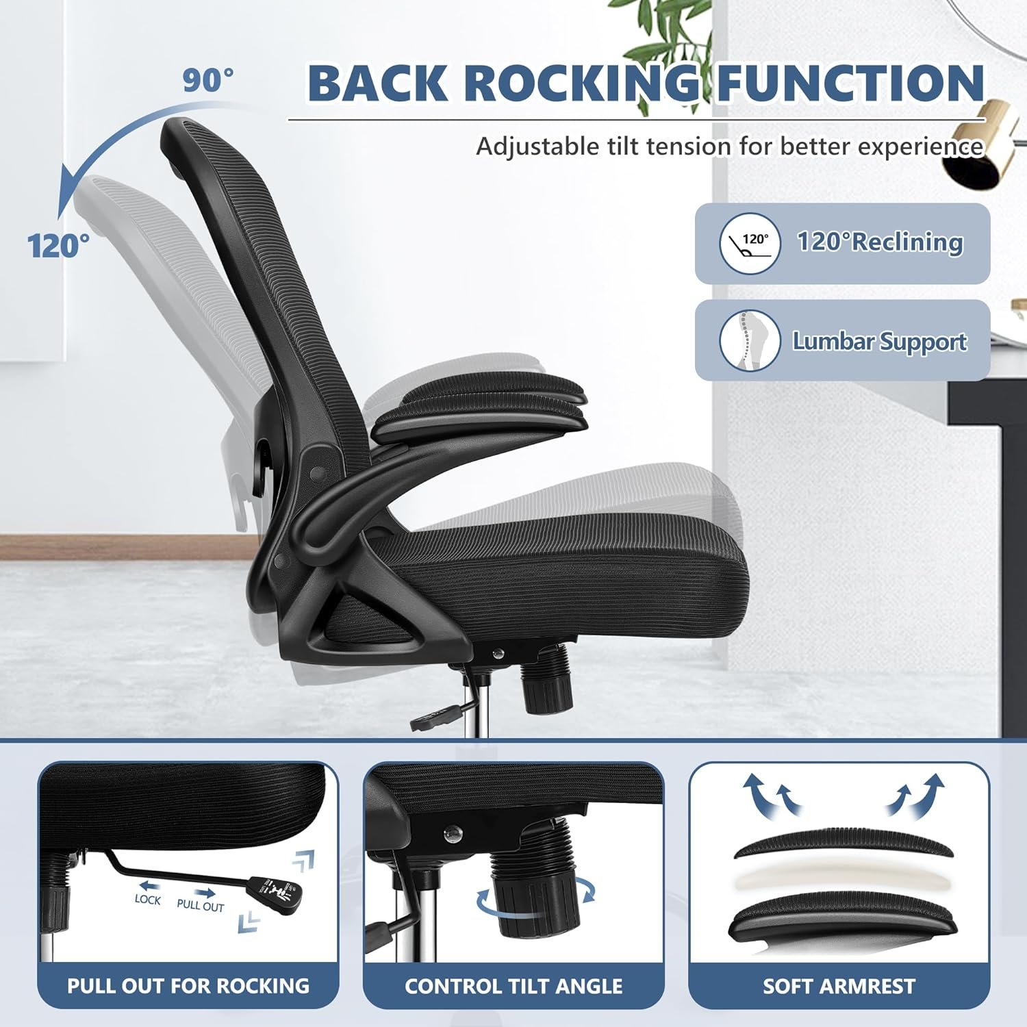 Winrise Office Chair Desk Chair, Ergonomic Mesh Computer Chair Home Office Desk Chairs, Swivel Task Chair Mid Back Breathable Rolling Chair with Adjustable Lumbar Support Flip Up Armrest (Black)