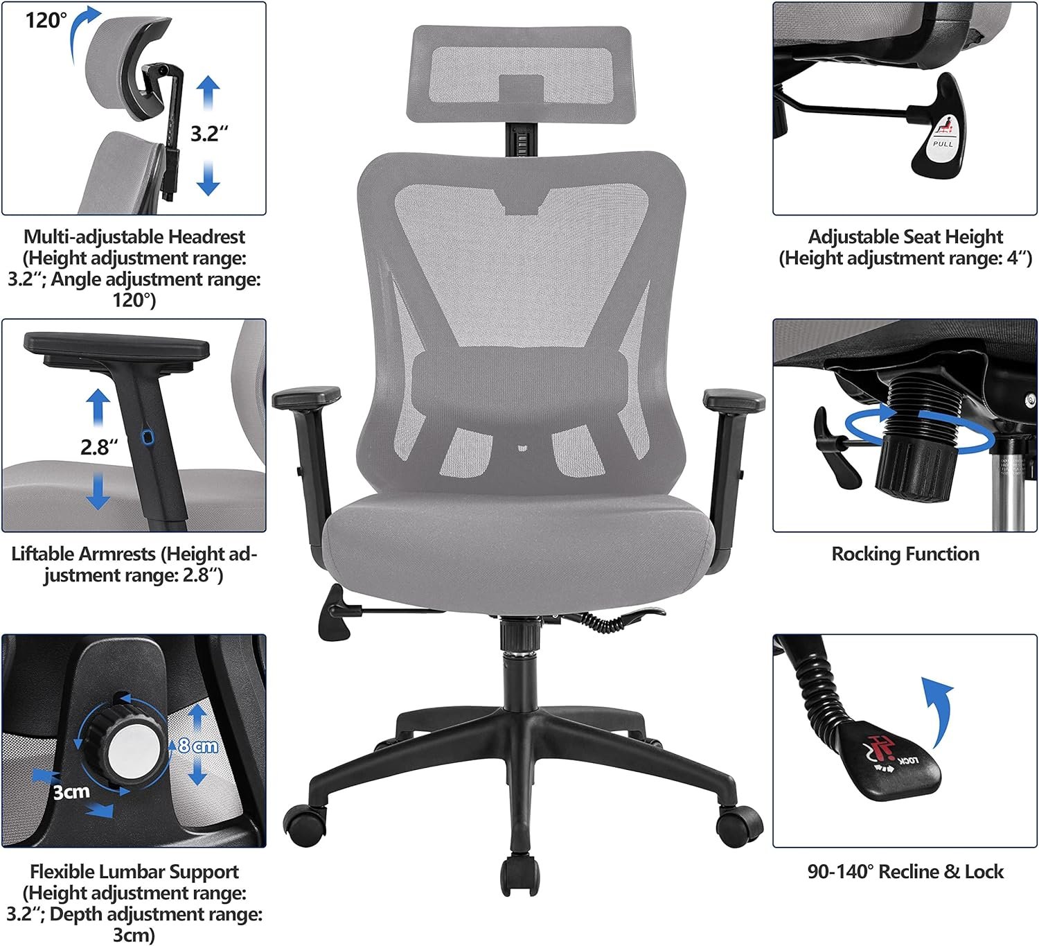 Yaheetech Ergonomic Office Chair Desk Chair High Back Mesh Computer Chair Study Chair with Lumbar Support Adjustable Armrest, Backrest and Headrest for Home Office Working Black