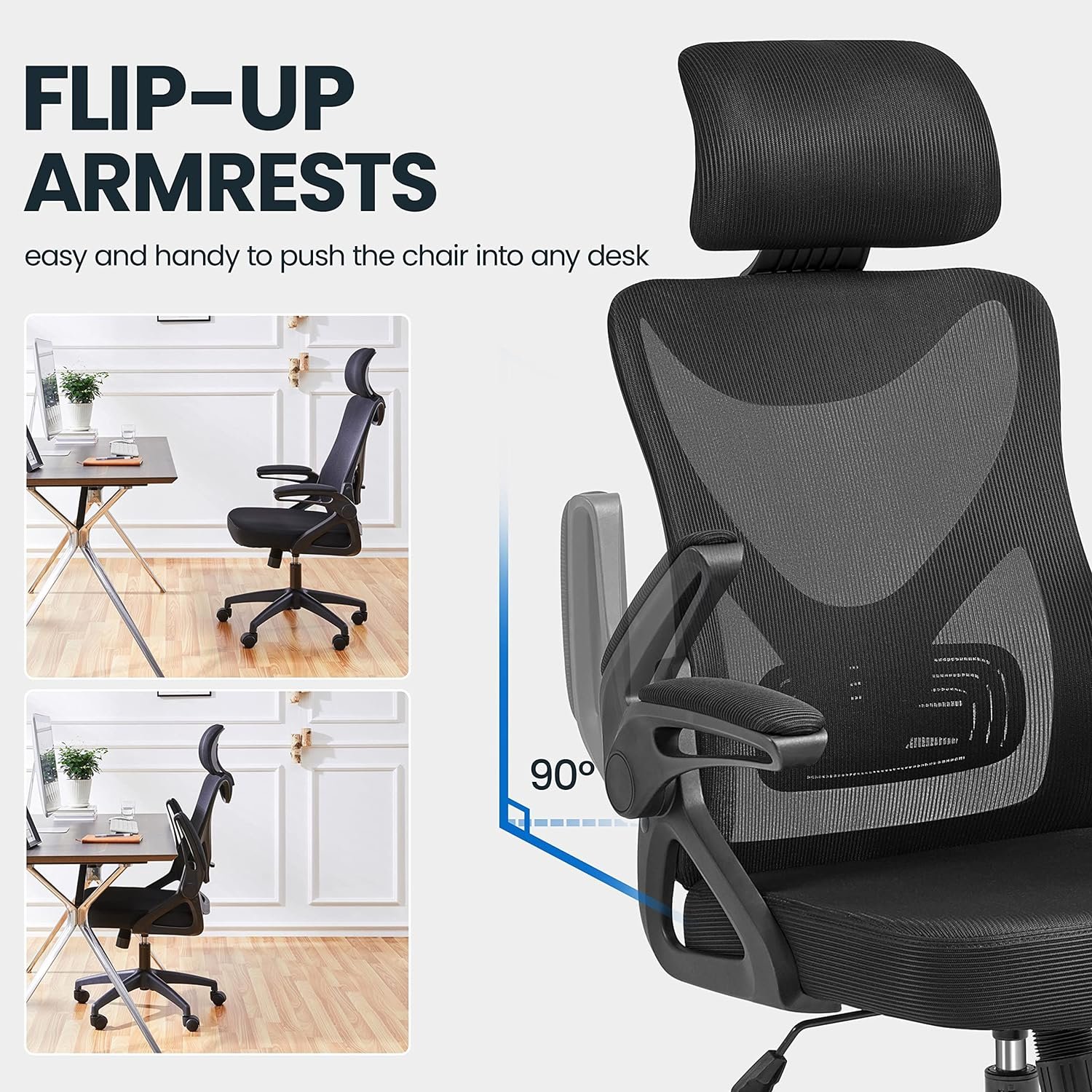 Yaheetech Ergonomic Office Chair, High Back Desk Chair with with flip-up Armrests, Adjustable Padded Headrest Mesh Computer Chair with Lumbar Support for Home Office Meeting Room, Black