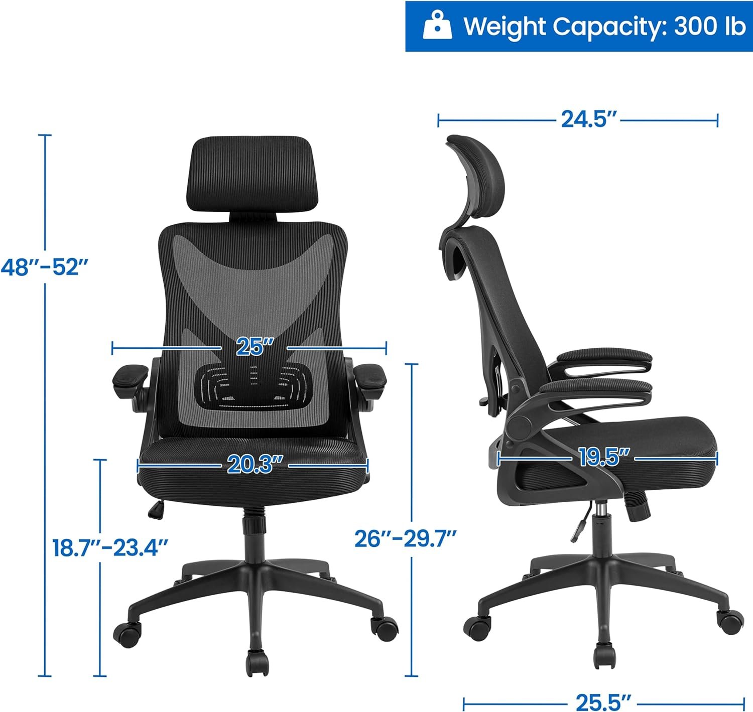 Yaheetech Ergonomic Office Chair, High Back Desk Chair with with flip-up Armrests, Adjustable Padded Headrest Mesh Computer Chair with Lumbar Support for Home Office Meeting Room, Black