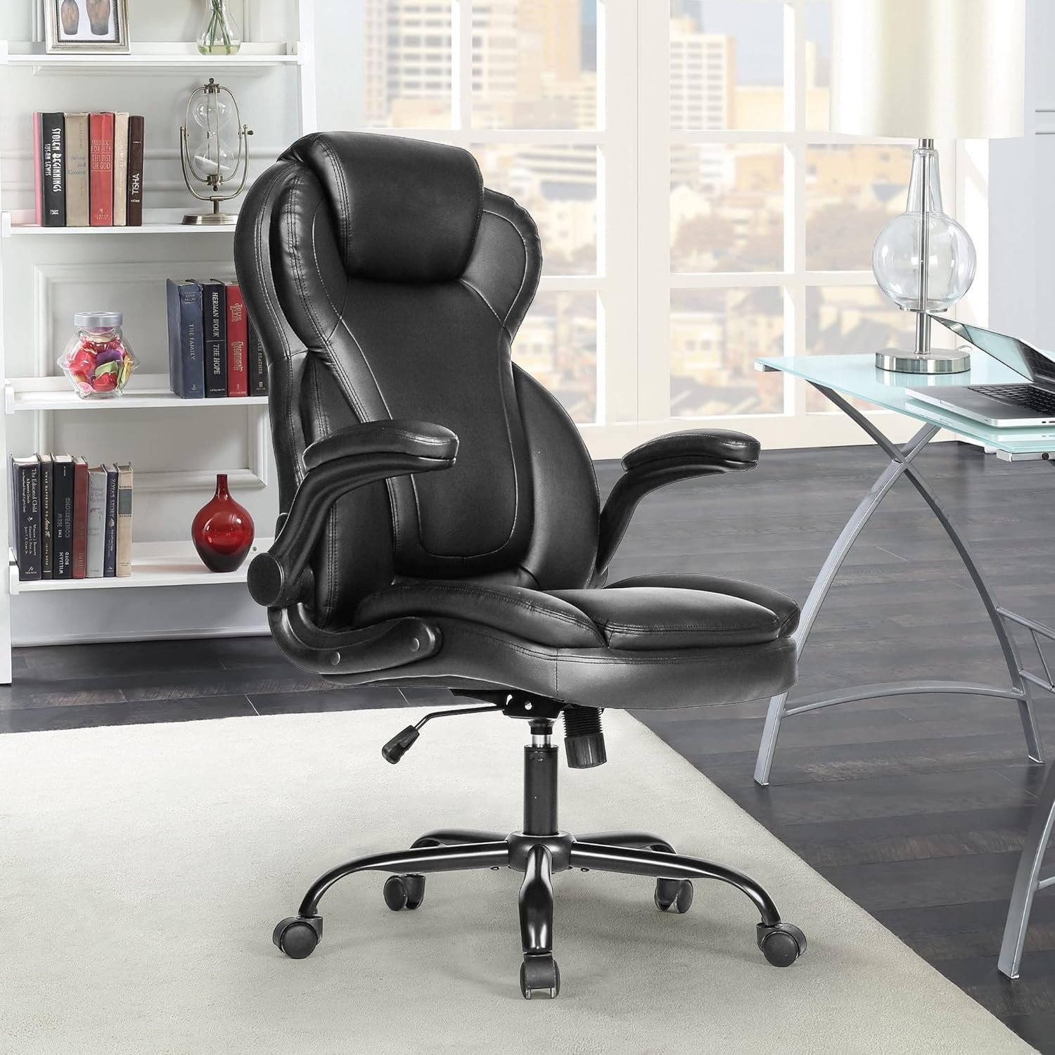 Big and Tall Office Chair 400lbs-Heavy Duty Executive Desk Chair with Extra Wide Seat, High Back Ergonomic Leather Computer Chair with Tilt RockTension, Padded Armrests-Black
