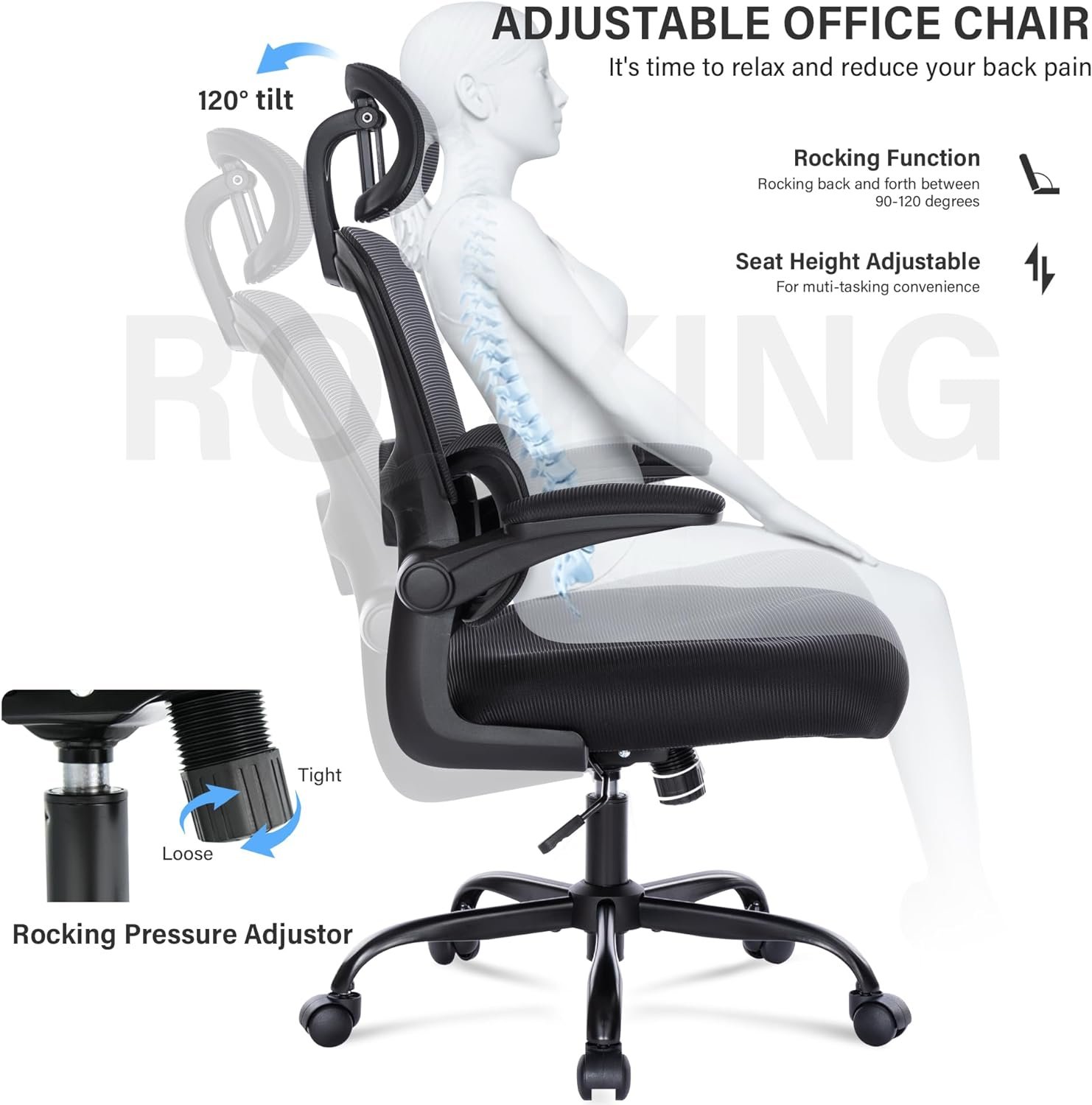 Ergonomic Mesh Office Chair with Lumbar Support- Adjustable High Back Desk Chair with Flip-up Arms- Comfy Home Office Computer Chair Task Swivel Rolling Chairs