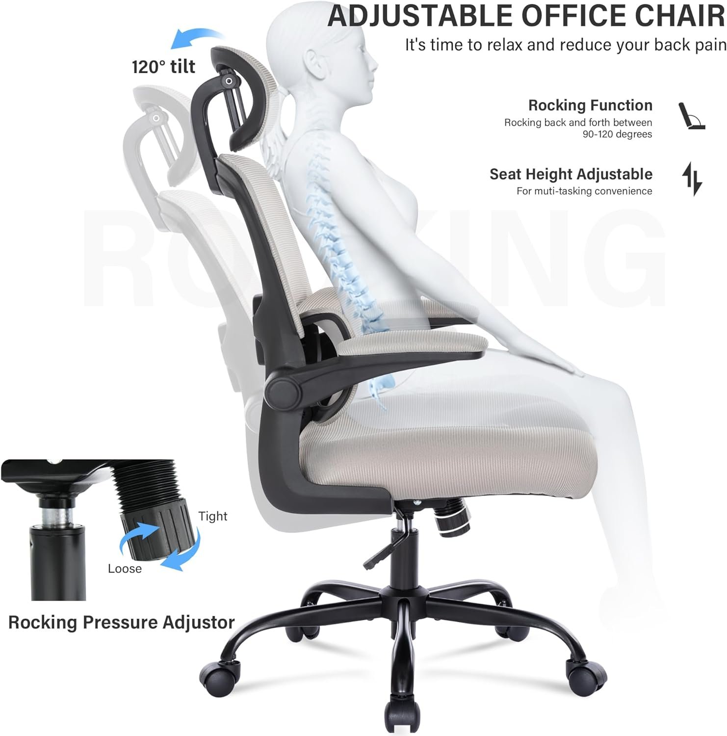 Ergonomic Mesh Office Chair with Lumbar Support- Adjustable High Back Desk Chair with Flip-up Arms- Comfy Home Office Computer Chair Task Swivel Rolling Chairs