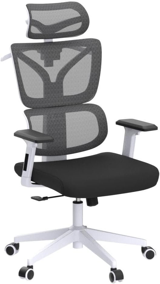 Ergonomic Office Desk Chair with Adjustable Lumbar Support, Computer Gaming Chair with 3D Arms and Headrest, Comfortable Swivel Chair with Sponge Seat Cushion High Back Executive Chairs White