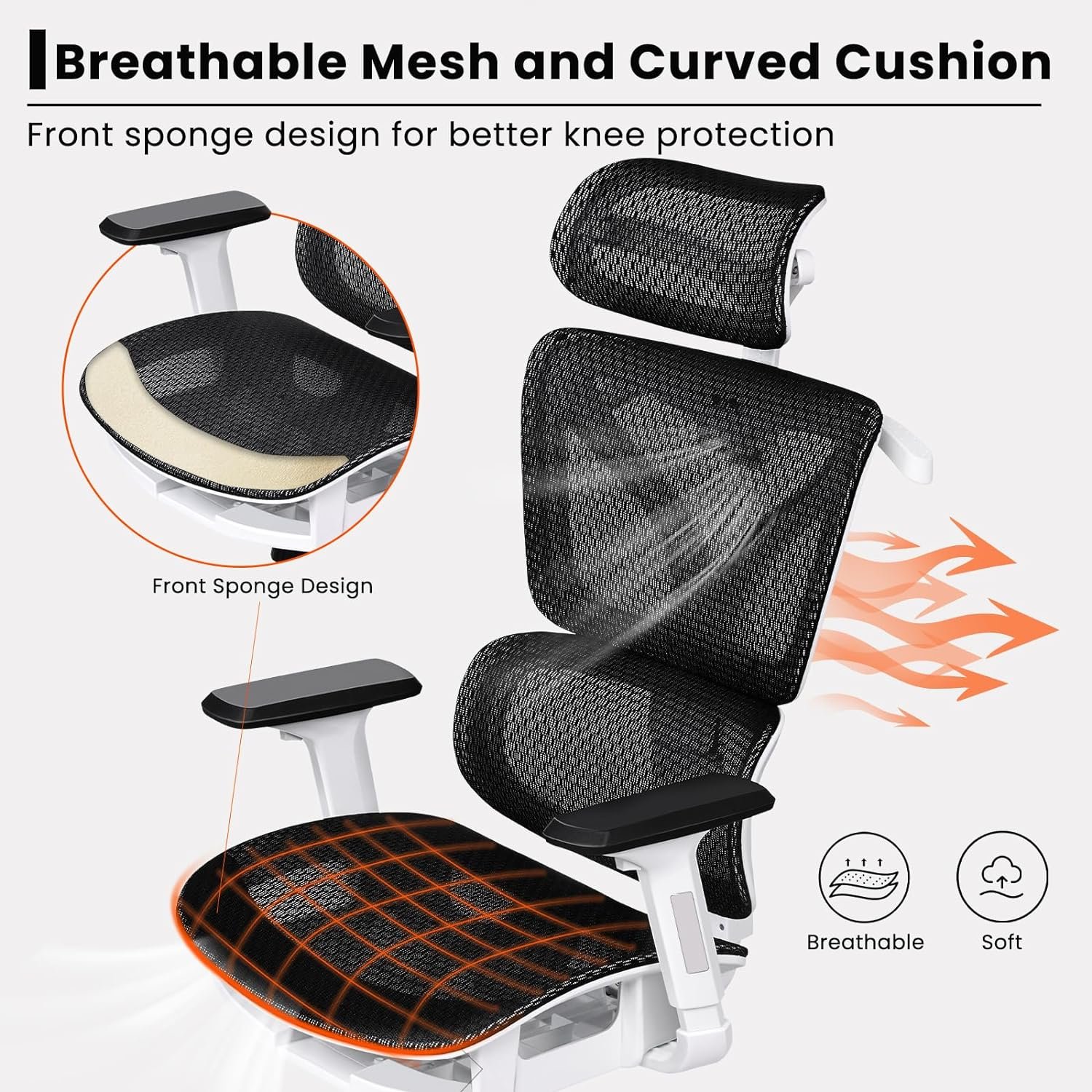 Ergonomic Office Desk Chair with Adjustable Lumbar Support, Computer Gaming Chair with 3D Arms and Headrest, Comfortable Swivel Chair with Sponge Seat Cushion High Back Executive Chairs White