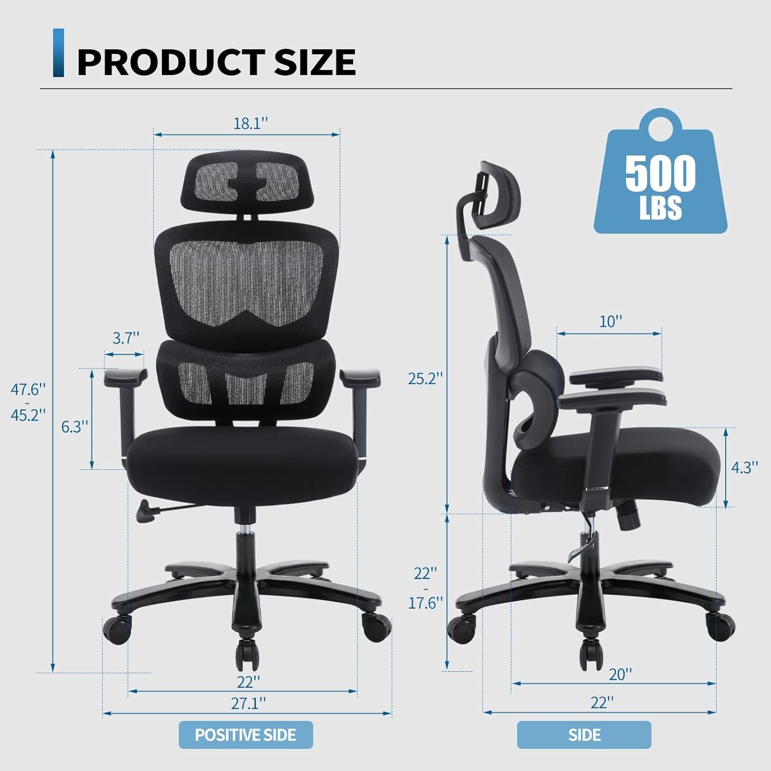 Fantasylab Big and Tall Office Chair 500LBS Ergonomic Office Chair for Heavy People with Heavy Duty Metal Base, Dynamic Lumbar Support, Adjustable Armrest and Headrest Mesh Chair