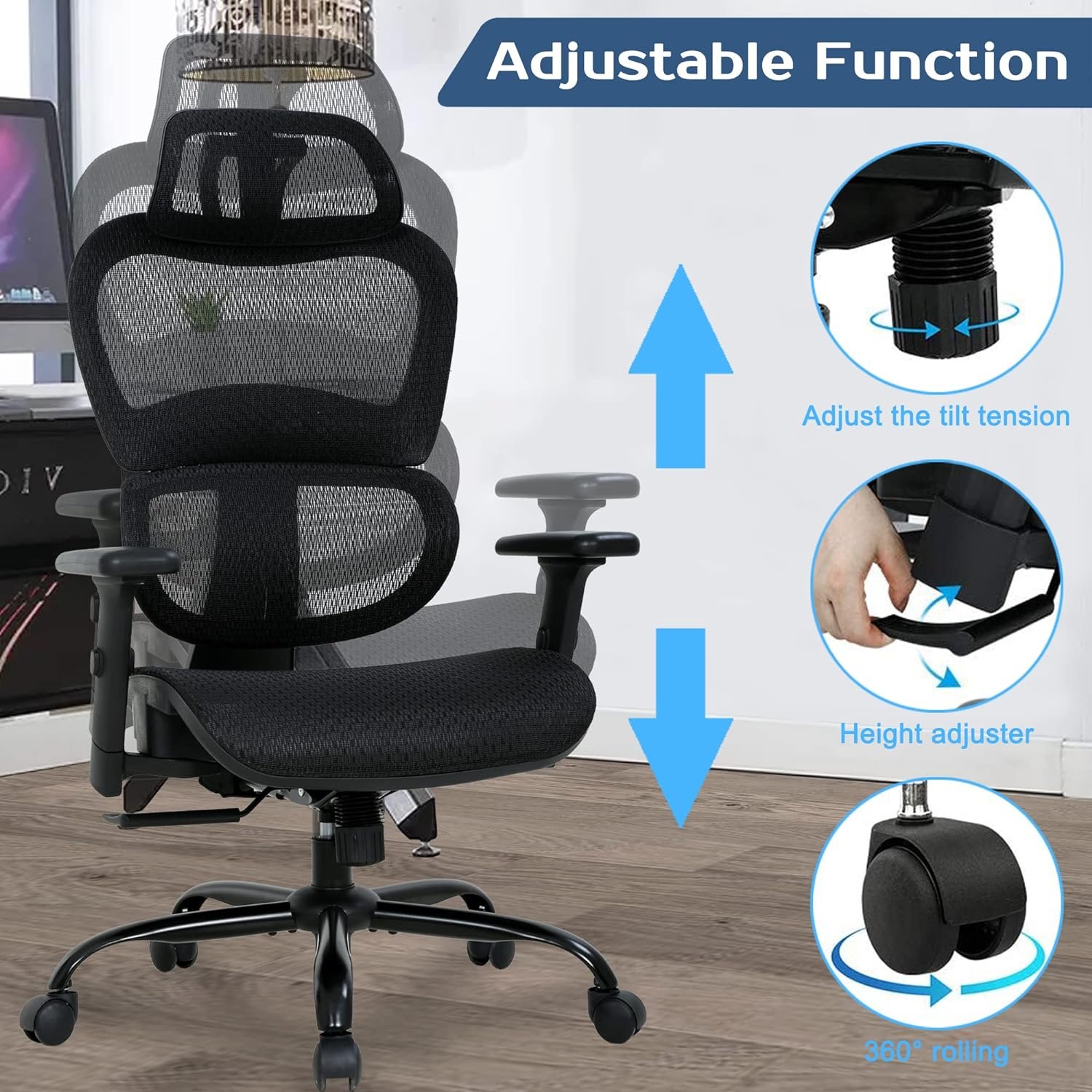 Home Office Chair Mesh Desk Chair Ergonomic Office Chair with 3D Arms Back Lumbar Support Swivel Rolling Task Chair(Black)