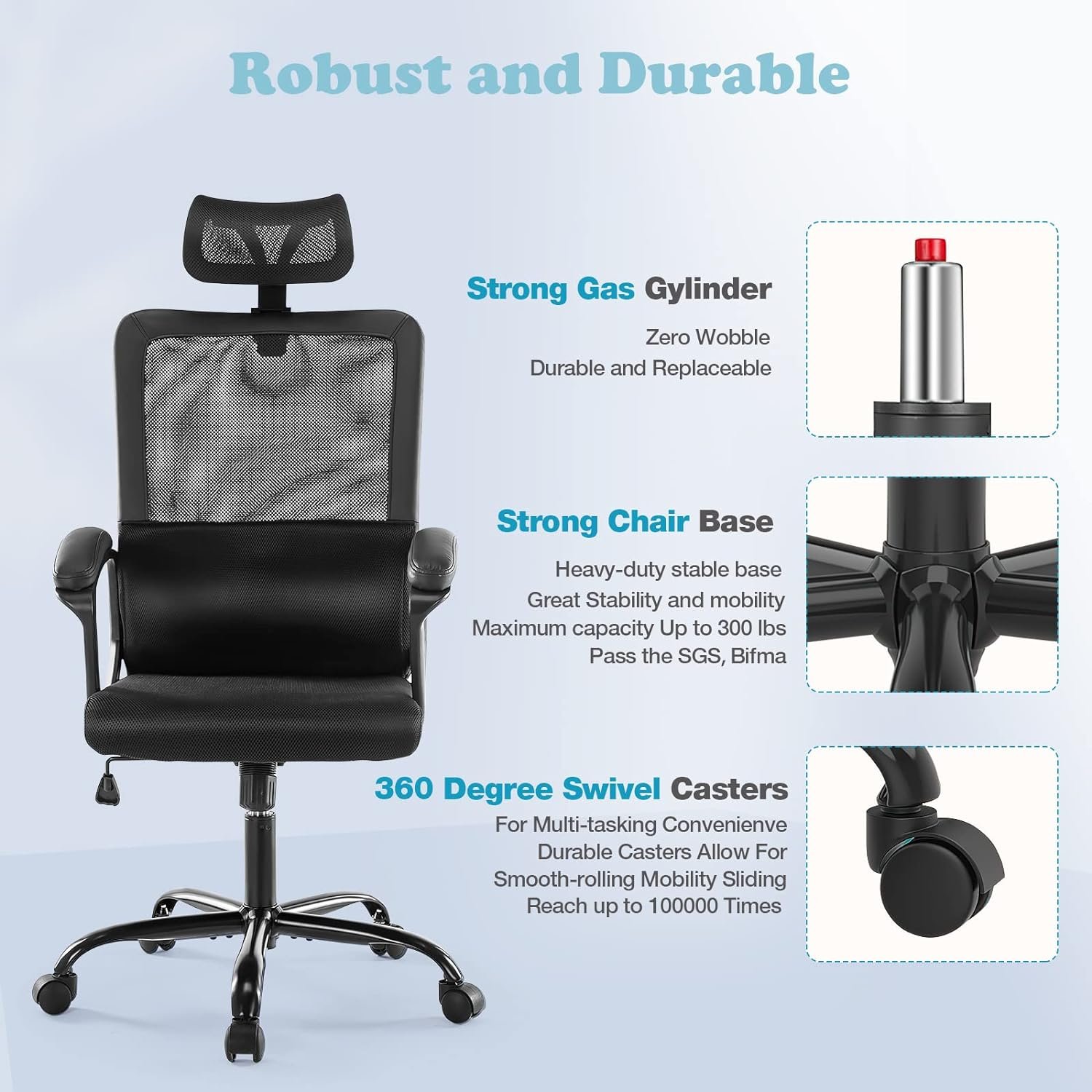 JHK Ergonomic High Back Mesh Lumbar Adjustable Height Rolling Swivel Computer Task Home Office Chairs with Support Armrest for Adults, Light Gray