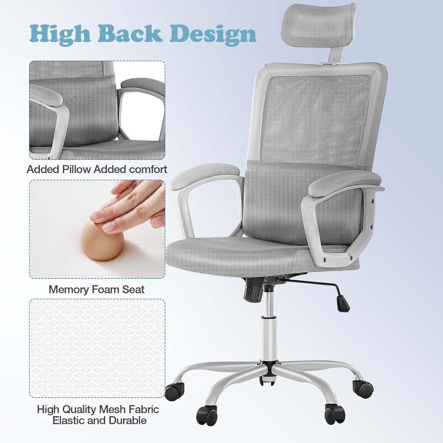 JHK Ergonomic High Back Mesh Lumbar Adjustable Height Rolling Swivel Computer Task Home Office Chairs with Support Armrest for Adults, Light Gray