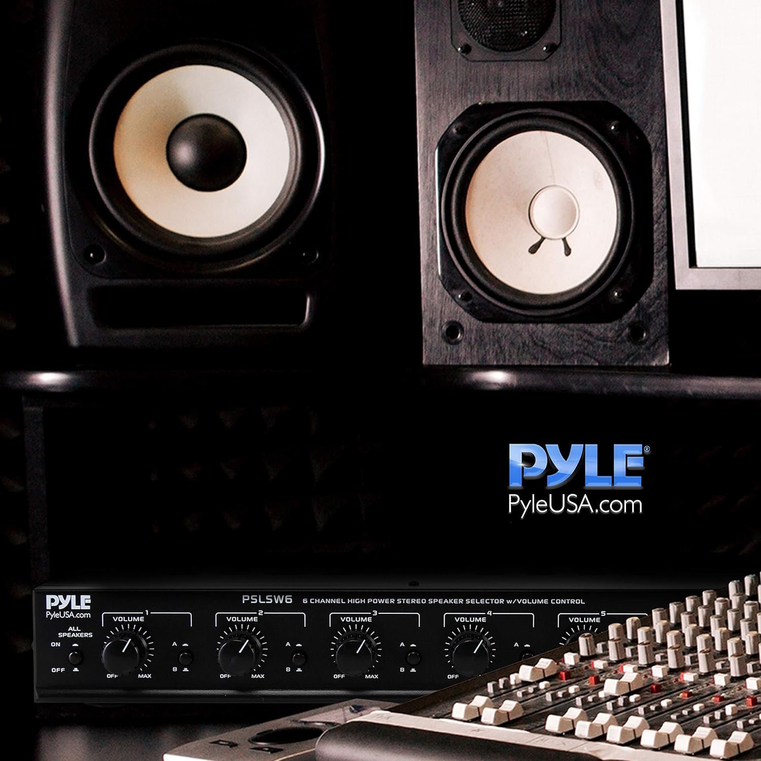 Pyle 6 Channel Speaker Selector Switch - Multi Zone A B Speaker Distribution Controller Box w/ Independent Audio Source Volume Control, Supports Home Theater Stereo Receiver System - Pyle PSLSW6