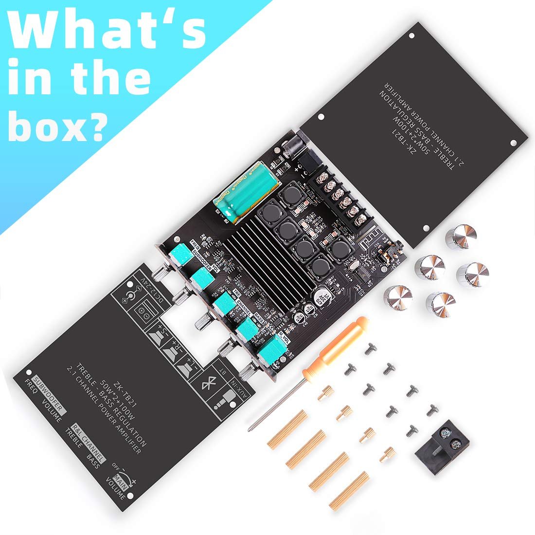 50W+50W+100W 2.1 Channel Subwoofer Amplifier Board with Treble and Bass Control, Dual TPA3116 Chip, DC 12-24V, Bluetooth and AUX Inputs, DIY Wireless Speakers AMP Board, Password Free (ZK-TB21)