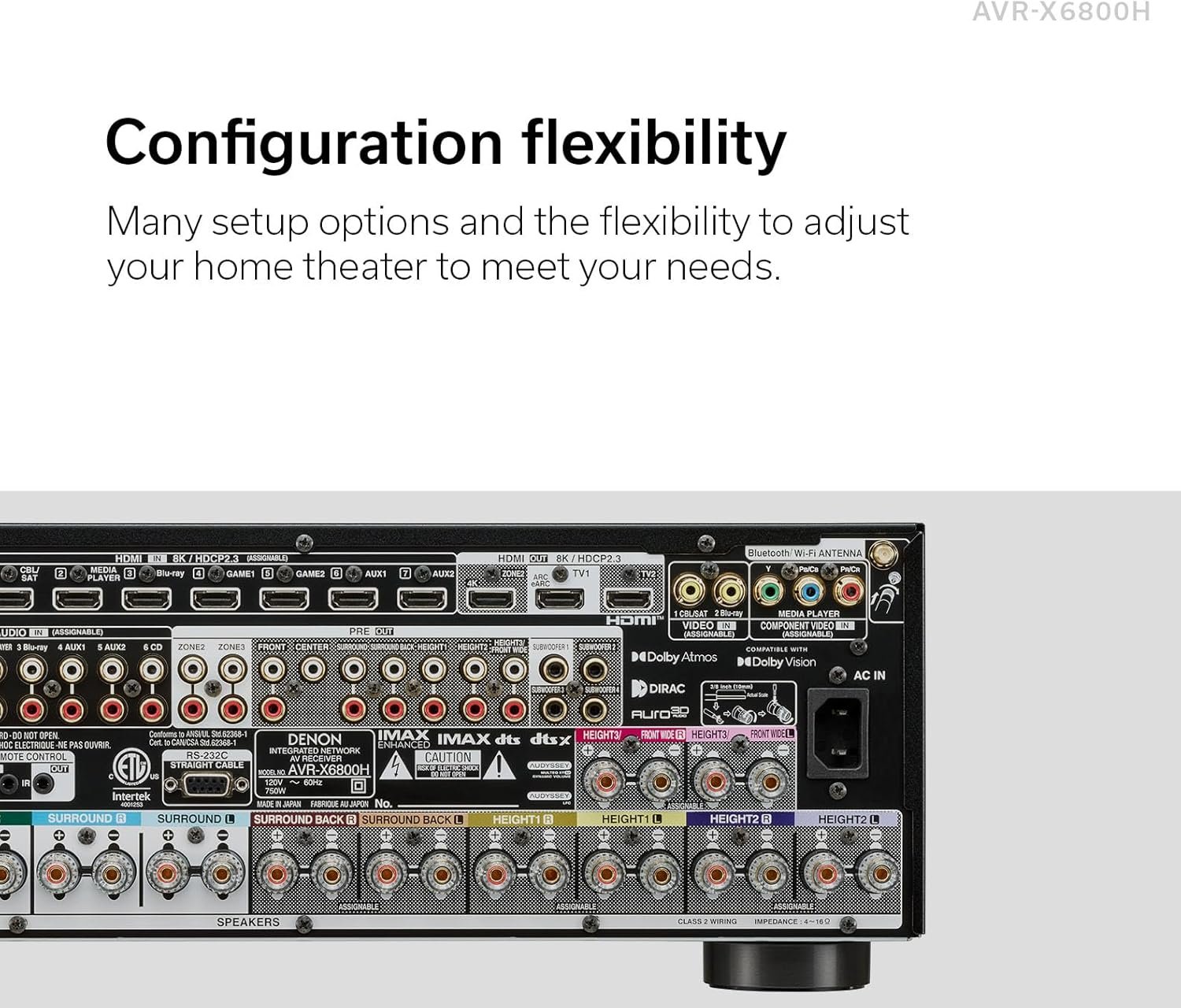 Denon AVR-X6800H 11.4 Channel AV Receiver - 140W/Channel, Wireless Streaming via Built-in HEOS, WiFi,  Bluetooth, Supports Dolby Vision, HLG, HDR10+, Dynamic HDR,  Dolby Atmos Height Virtualization