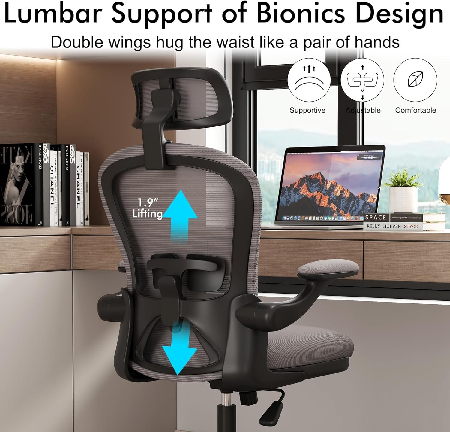 Ergonomic Office Chairs with Adjustable Lumbar Support,Mesh Desk Chair with Adjustable Arms and Wheels,Computer Desk Chair for Home Office Essentials（Headrests,White）