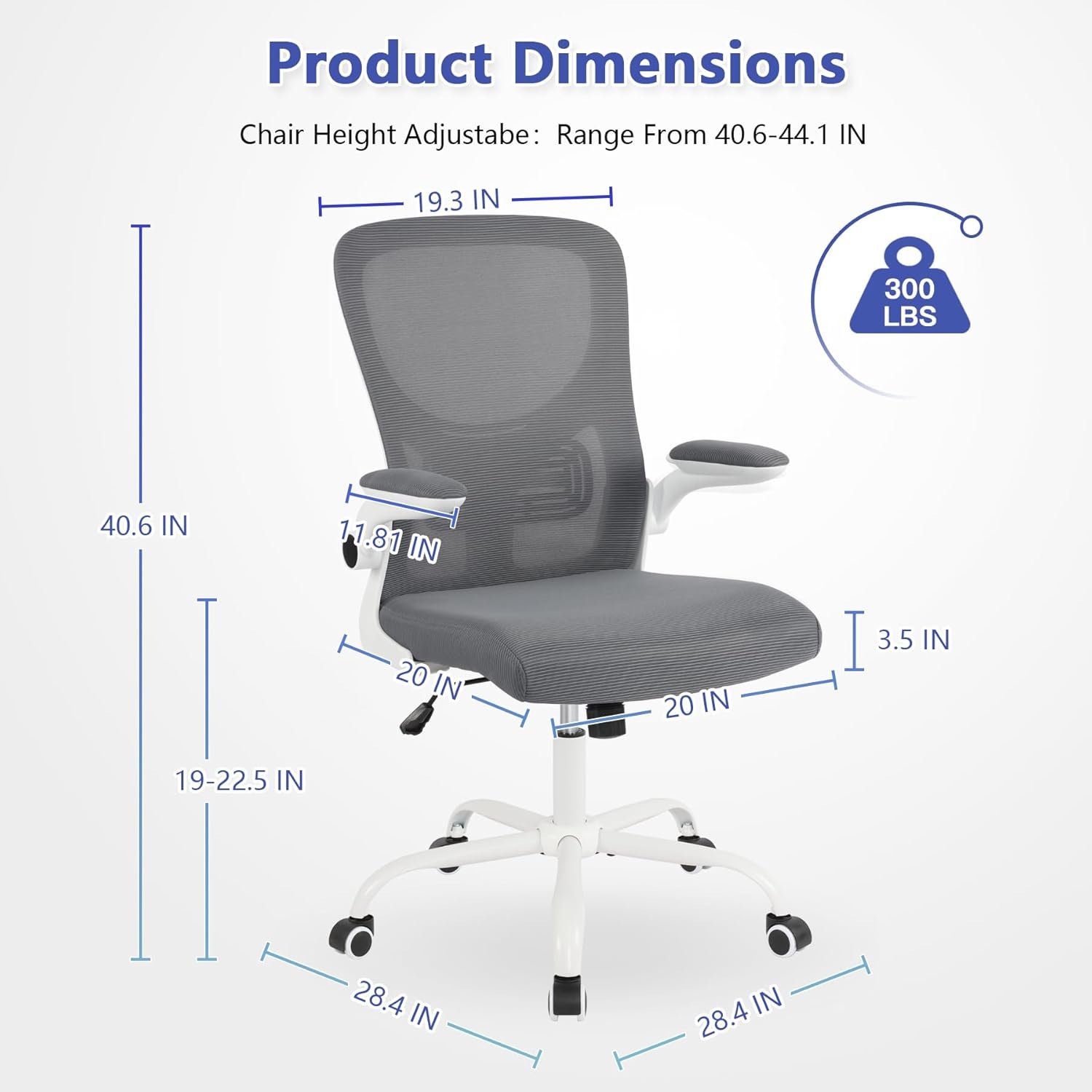 Home Office Chair Ergonomic Desk Chair with Lumbar Support, Breathable Mid-Back Comfortable Mesh Computer Chair with PU Silent Wheels, Flip-up Armrests, Tilt Function