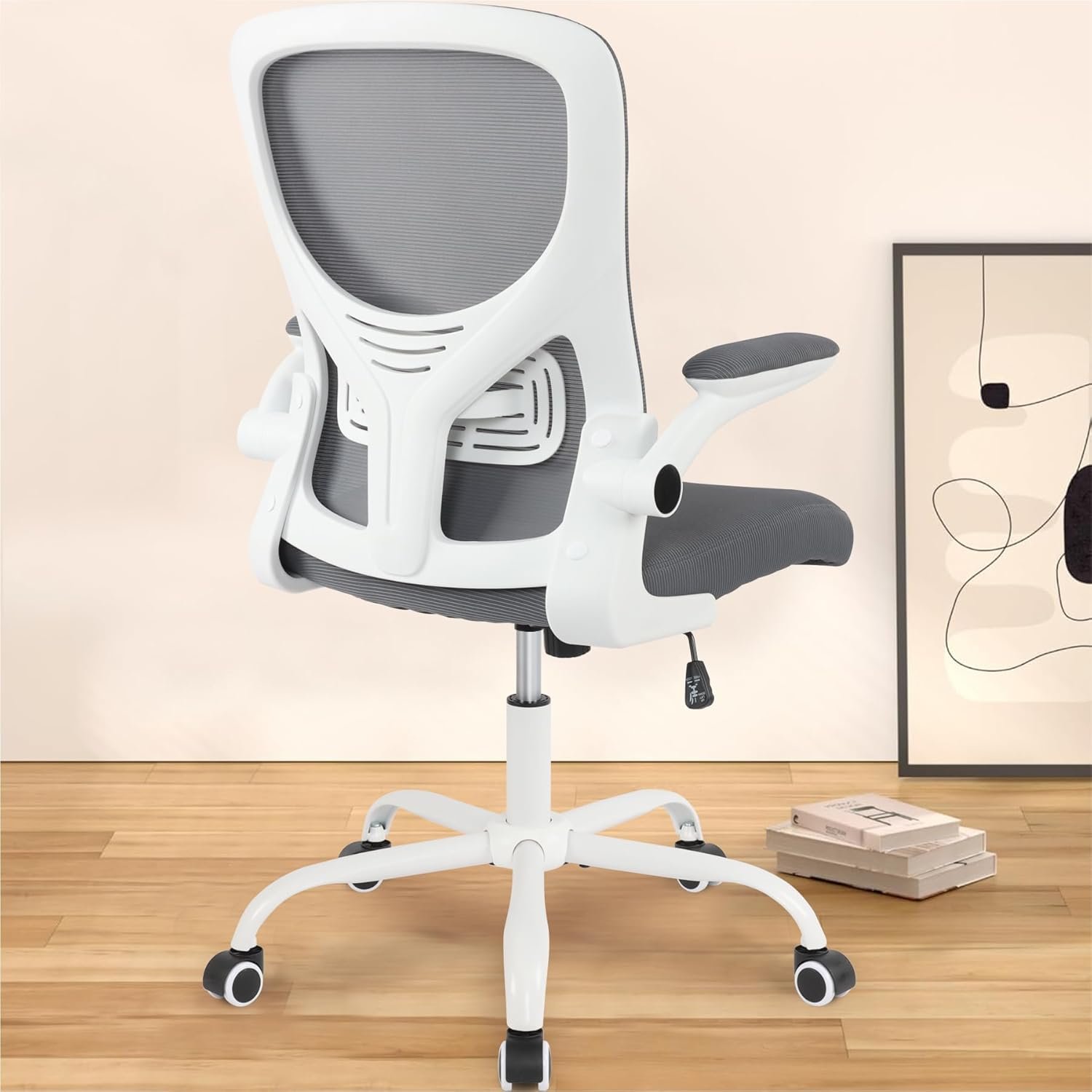 Home Office Chair Ergonomic Desk Chair with Lumbar Support, Breathable Mid-Back Comfortable Mesh Computer Chair with PU Silent Wheels, Flip-up Armrests, Tilt Function