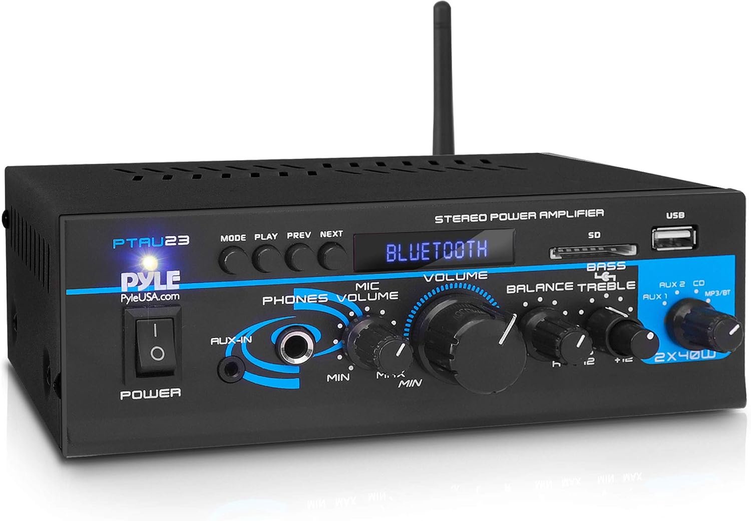 Pyle Home Home Audio Bluetooth Power Amplifier System - 2X40W Mini Dual Channel Mixer Sound Stereo Receiver Box w/ RCA, USB, AUX, Headphone, Mic Input, Theater, Home Entertainment, Studio Use-PTAU23