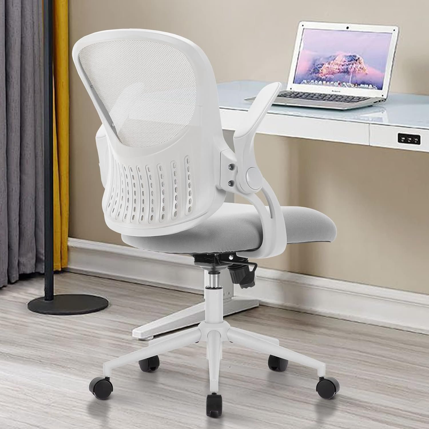 Sweetcrispy Ergonomic Home Office Desk Breathable Mesh Back Lumbar Support Computer, Adjustable Height Swivel Task Chair with Flip-up Arms  Wheels, Grey, 17 D x 19.5 W x 41.1 H