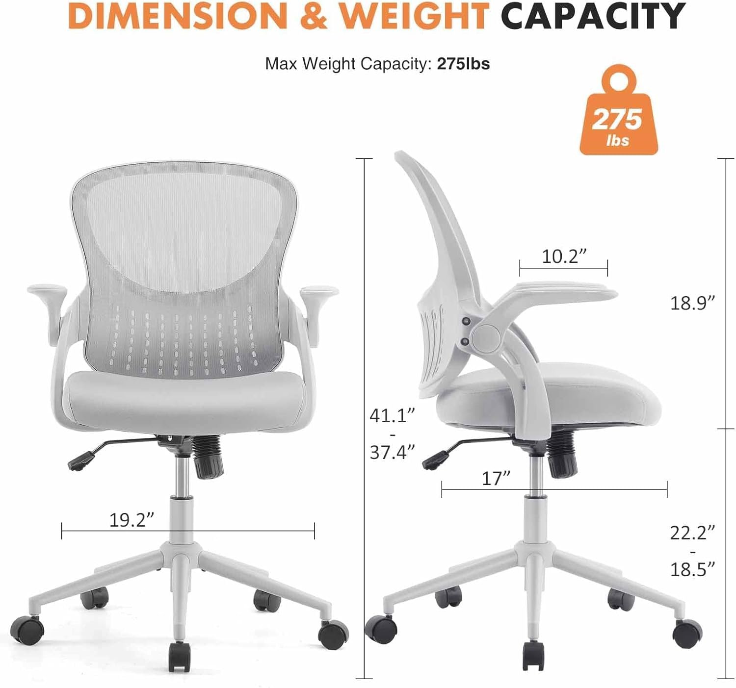 Sweetcrispy Ergonomic Home Office Desk Breathable Mesh Back Lumbar Support Computer, Adjustable Height Swivel Task Chair with Flip-up Arms  Wheels, Grey, 17 D x 19.5 W x 41.1 H