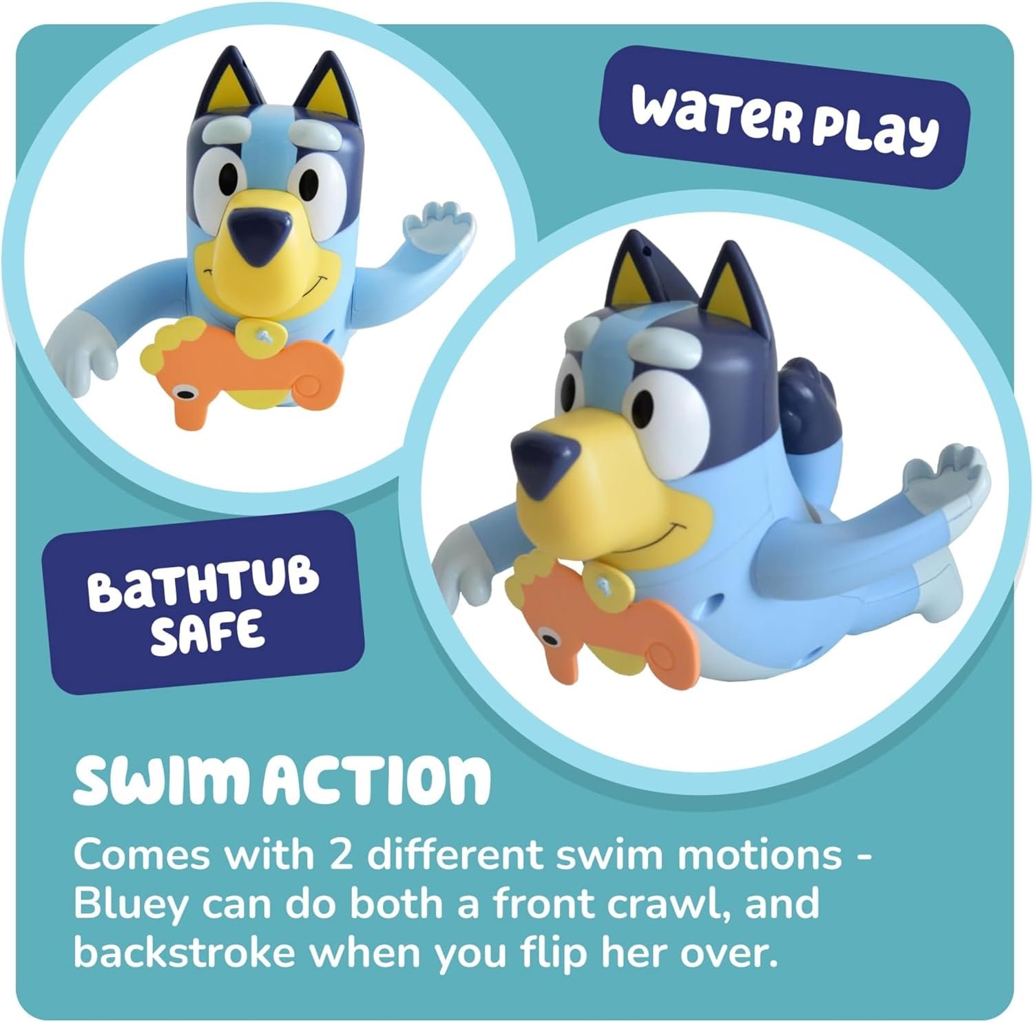 Toomies Bluey Swimming Bath Toy - Bluey Toys Includes Attached Seahorse Baby Toy and Swims on Back or Front - Toddler Bath Toys and Water Toys for Outdoor Play – Ages 18 Months and Up