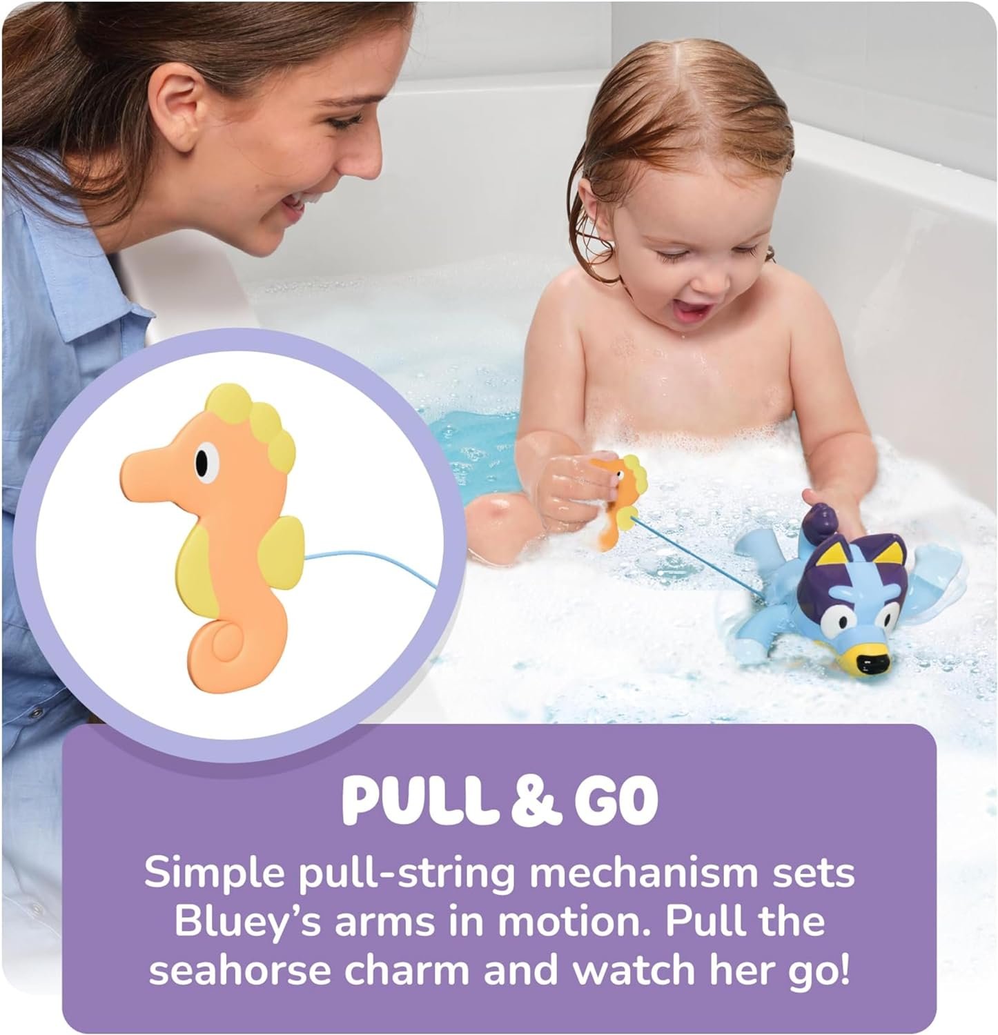 Toomies Bluey Swimming Bath Toy - Bluey Toys Includes Attached Seahorse Baby Toy and Swims on Back or Front - Toddler Bath Toys and Water Toys for Outdoor Play – Ages 18 Months and Up