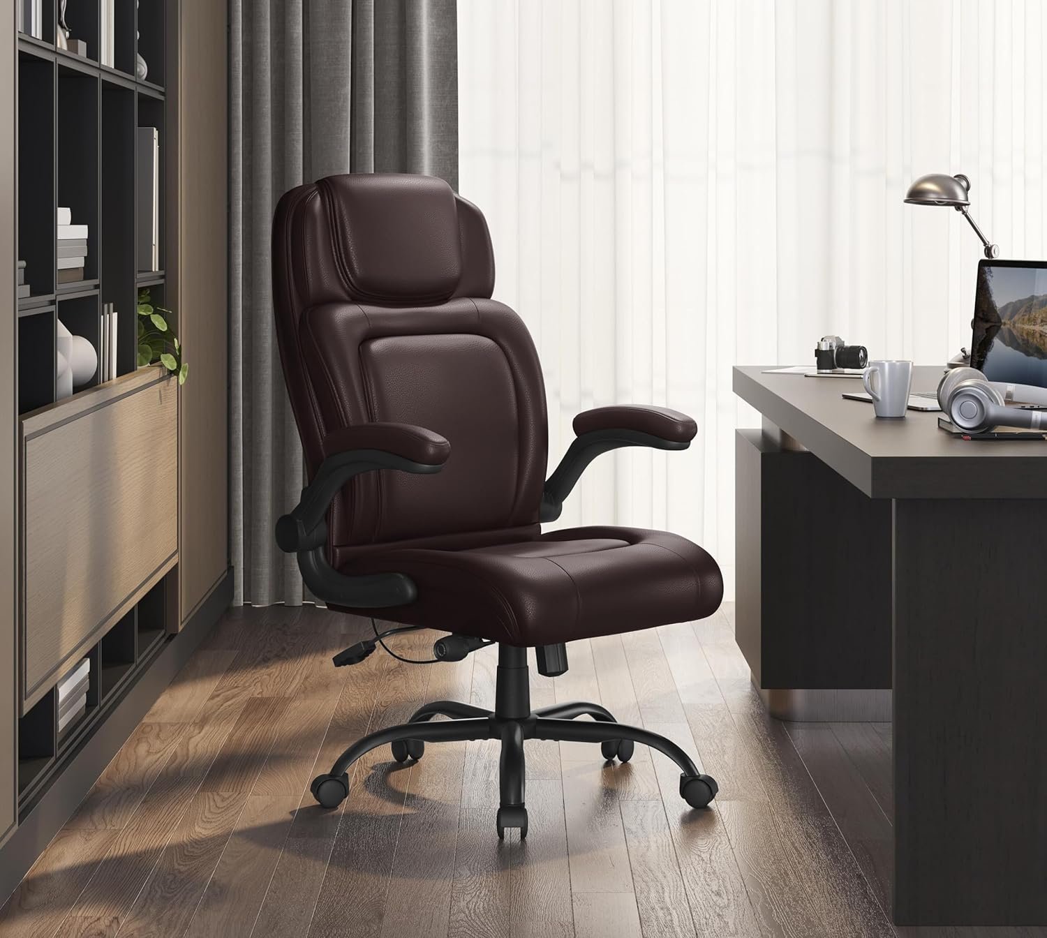 Yaheetech Faux Leather Executive Office Chair with Flip-up Armrests Adjustable Lumbar Support Desk Chair Ergonomic Big and Tall Office Chair Heavy Duty Base, Black