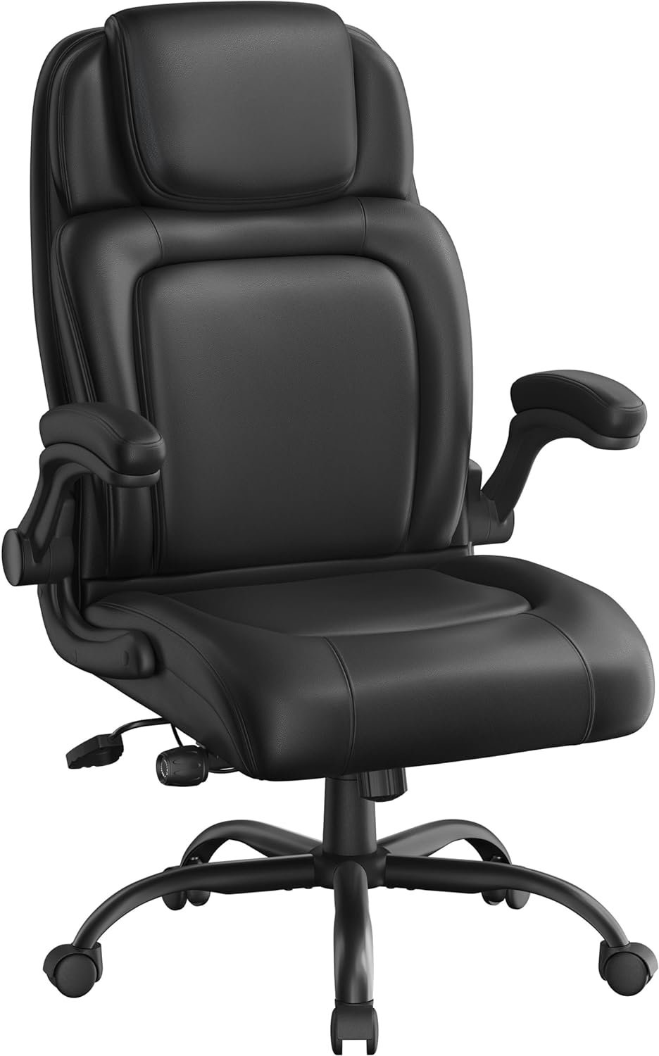 Yaheetech Faux Leather Executive Office Chair with Flip-up Armrests Adjustable Lumbar Support Desk Chair Ergonomic Big and Tall Office Chair Heavy Duty Base, Black