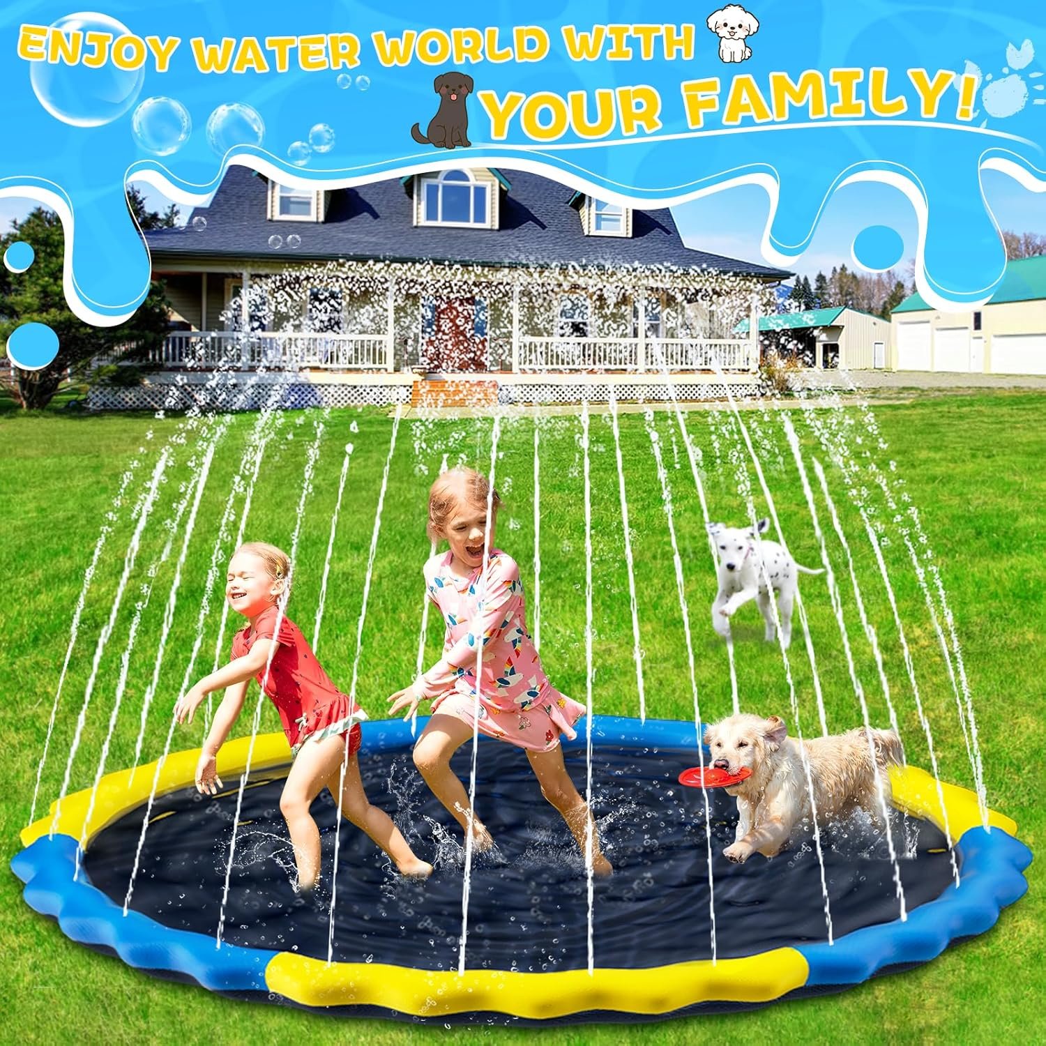 JONYJ Splash Pad for Kids and Dog, 74.8 Non-Slip Dog Sprinkler Splash Pad Large Dogs Heavy Duty, Summer Outdoor Swimming Water Toys for Toddlers Ages 4-8, 8-12(Yellow Blue)