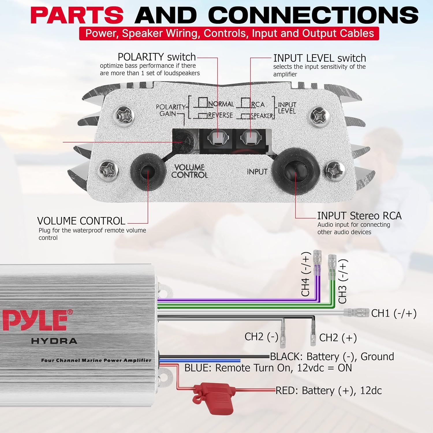 Pyle Hydra Marine Amplifier - Upgraded Elite Series 400 Watt 4 Channel Micro Amplifier - Waterproof, GAIN Level Controls, RCA Stereo Input, 3.5mm Jack, MP3  Volume Control (PLMRMP3A)