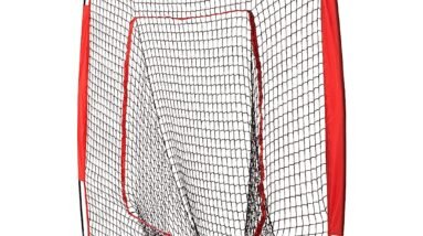 amazon basics baseball softball hitting pitching batting practice net with stand 96 x 42 x 86 inches red and black