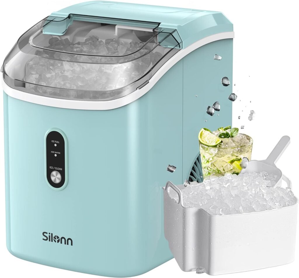 Nugget Ice Maker Countertop - Silonn Pebble Ice Maker Machine with Self-Cleaning Function, 33lbs/24H, Ice Makers for Home/Kitchen/Office, Green