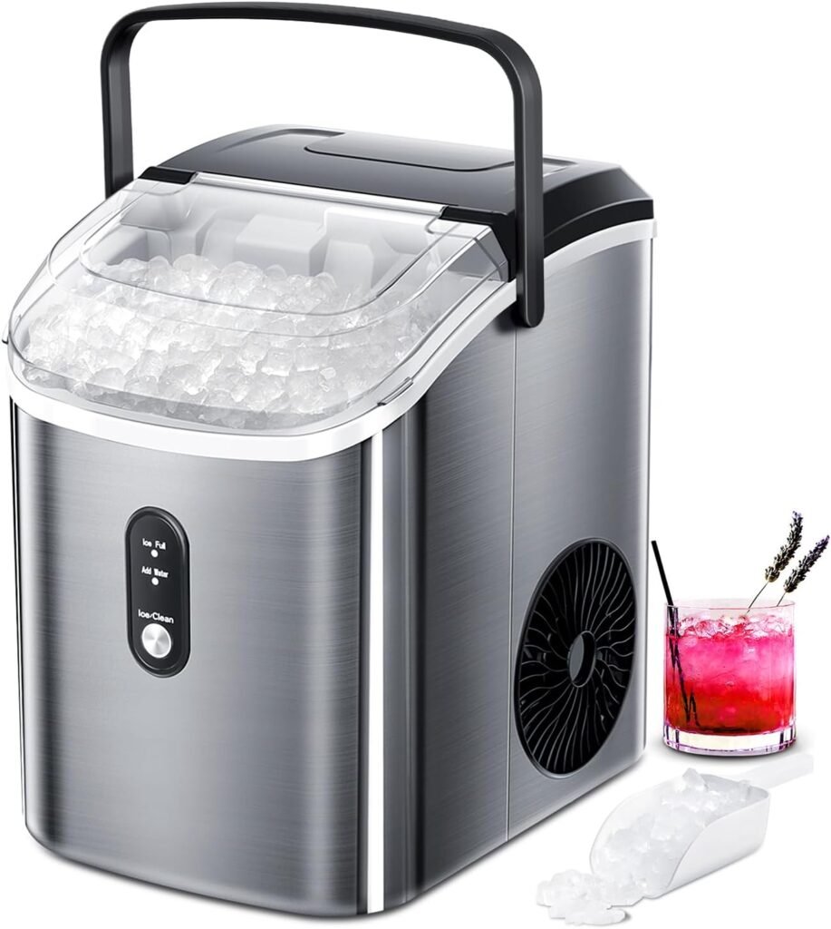 Nugget Ice Makers Countertop, Crushed Ice Maker with Handle,35Lbs/24H,Soft Chewable Ice, Pebble Ice Maker with Self-Cleaning, Ice Scoop and Ice Basket,for Home,Office,Kitchen,Stainless Steel (Silver)