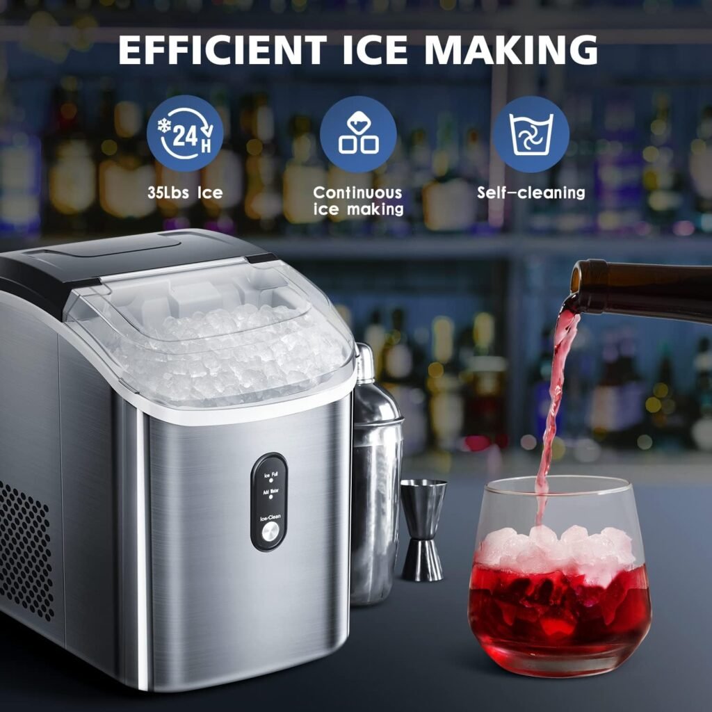 Nugget Ice Makers Countertop, Crushed Ice Maker with Handle,35Lbs/24H,Soft Chewable Ice, Pebble Ice Maker with Self-Cleaning, Ice Scoop and Ice Basket,for Home,Office,Kitchen,Stainless Steel (Silver)