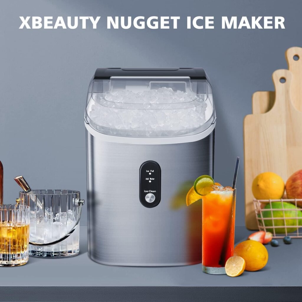 Nugget Ice Makers Countertop, Crushed Ice Maker with Handle,35Lbs/24H,Soft Chewable Ice, Pebble Ice Maker with Self-Cleaning, Ice Scoop and Ice Basket,for Home,Office,Kitchen,Stainless Steel (Silver)