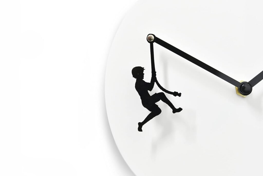 Unique Minimalist Wall Clock - White  Black with Hanging Boy Swinging on the Rope - Wall Decoration - Unique Gift Idea - Kids Room Decor