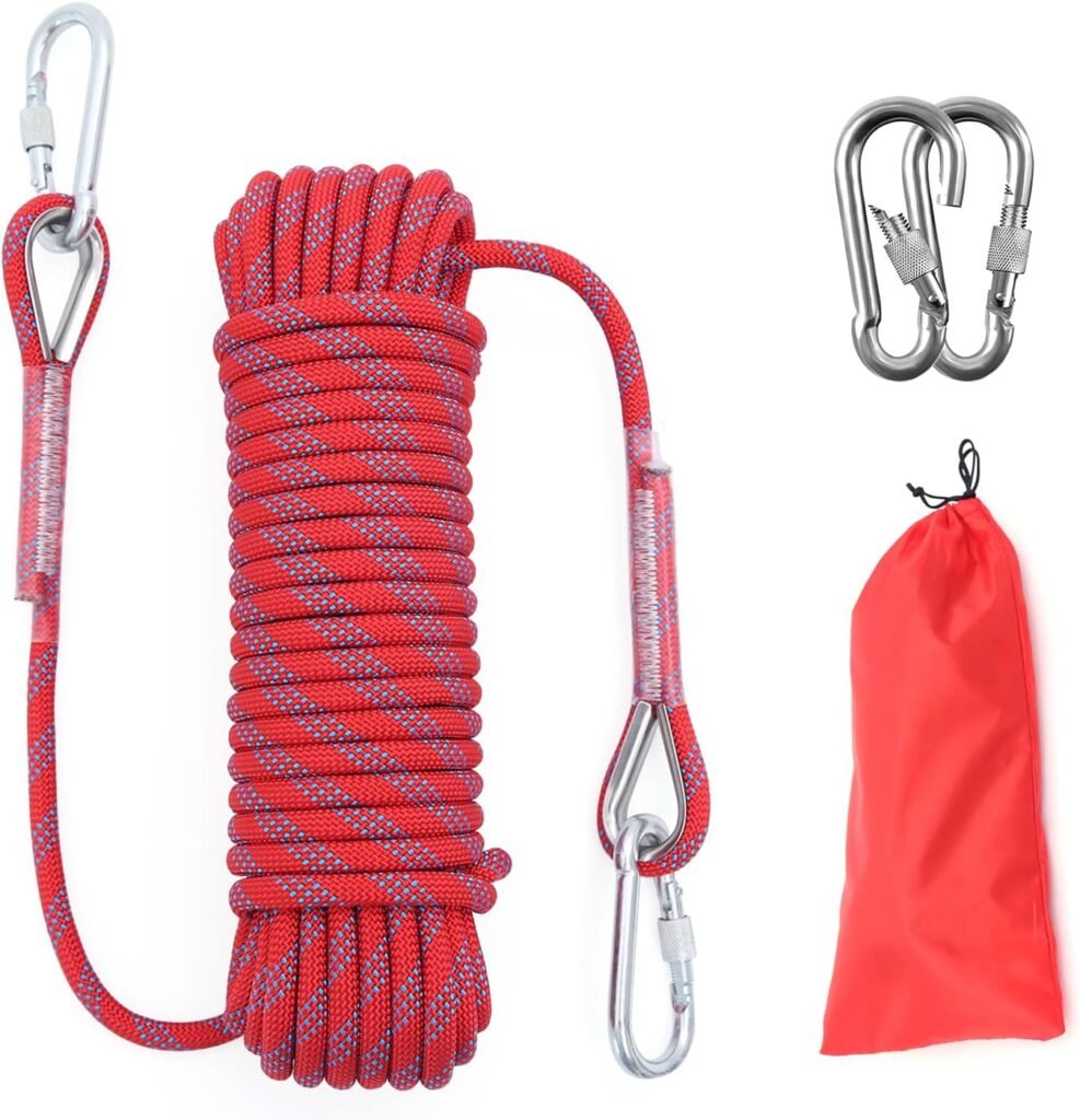 XINSHUNCAN 10mm/12mm Outdoor Climbing Rope Static Rock Climbing Rope, Tree Climbing Rappelling Rope, Escape Nylon Rope, Ice Climbing Equipment Fire Rescue Parachute Rope with 2 Steel Hooks