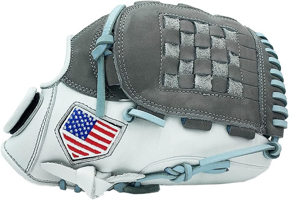 Amazon.com : Hit Run Steal Softball Glove - Right Hand Throw Pitcher Full Grain Leather Basket Web Glove - Gray White with Light Blue Laces - Perfect for Softball Players (12 Inch) : Sports  Outdoors
