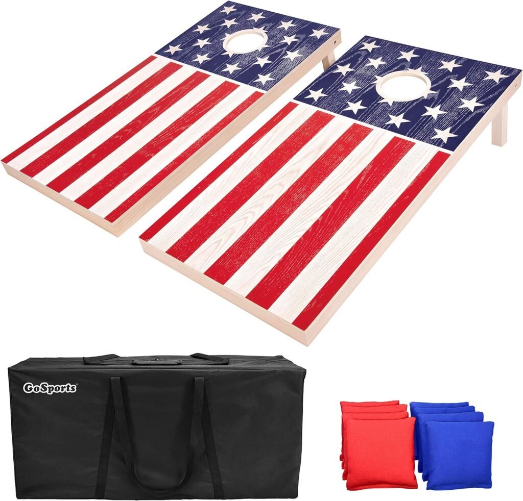 GoSports Flag Series Wood Cornhole Sets – Choose American Flag or State Flags – Includes Two Regulation Size 4 ft x 2 ft Boards, 8 Bean Bags, Carrying Case and Rules