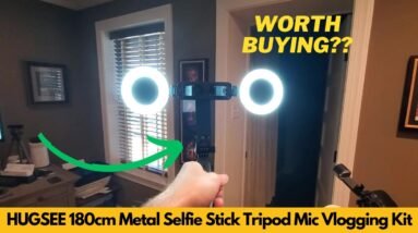 HUGSEE 180cm Metal Selfie Stick Tripod Light Wireless Microphones iPhone Android Review Unboxing